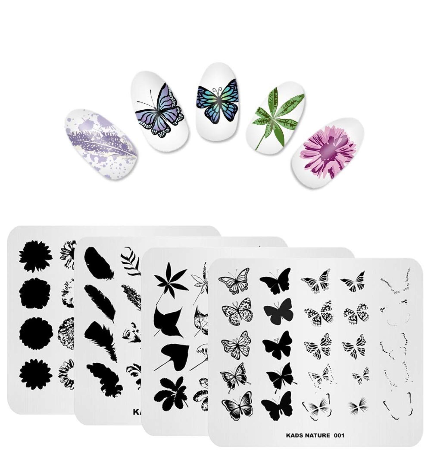Nail Stamping Plate Set - 4 Piece Feather Flower Leaves & Butterfly Templates | DIY Nail Art Tool & Stamper | International Shipping - Buy Online on SooperMarket.com