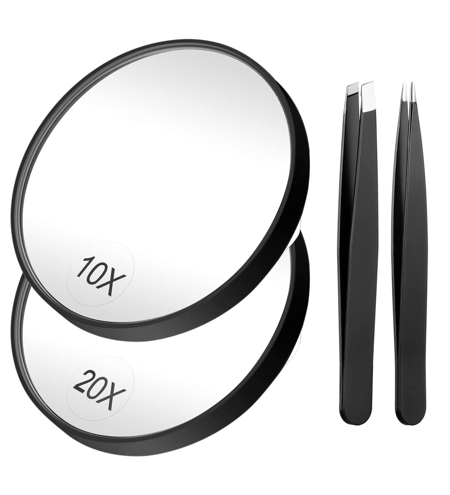 Funtopia 20X/10X Magnifying Mirror and Tweezers Kit with Compact Design - Perfect for Makeup, Eyebrow Tweezing, and Blemish Removal - Includes 2 Suction Cups - Travel-Friendly (3.5 Inch Black) - Buy Online on SooperMarket.com