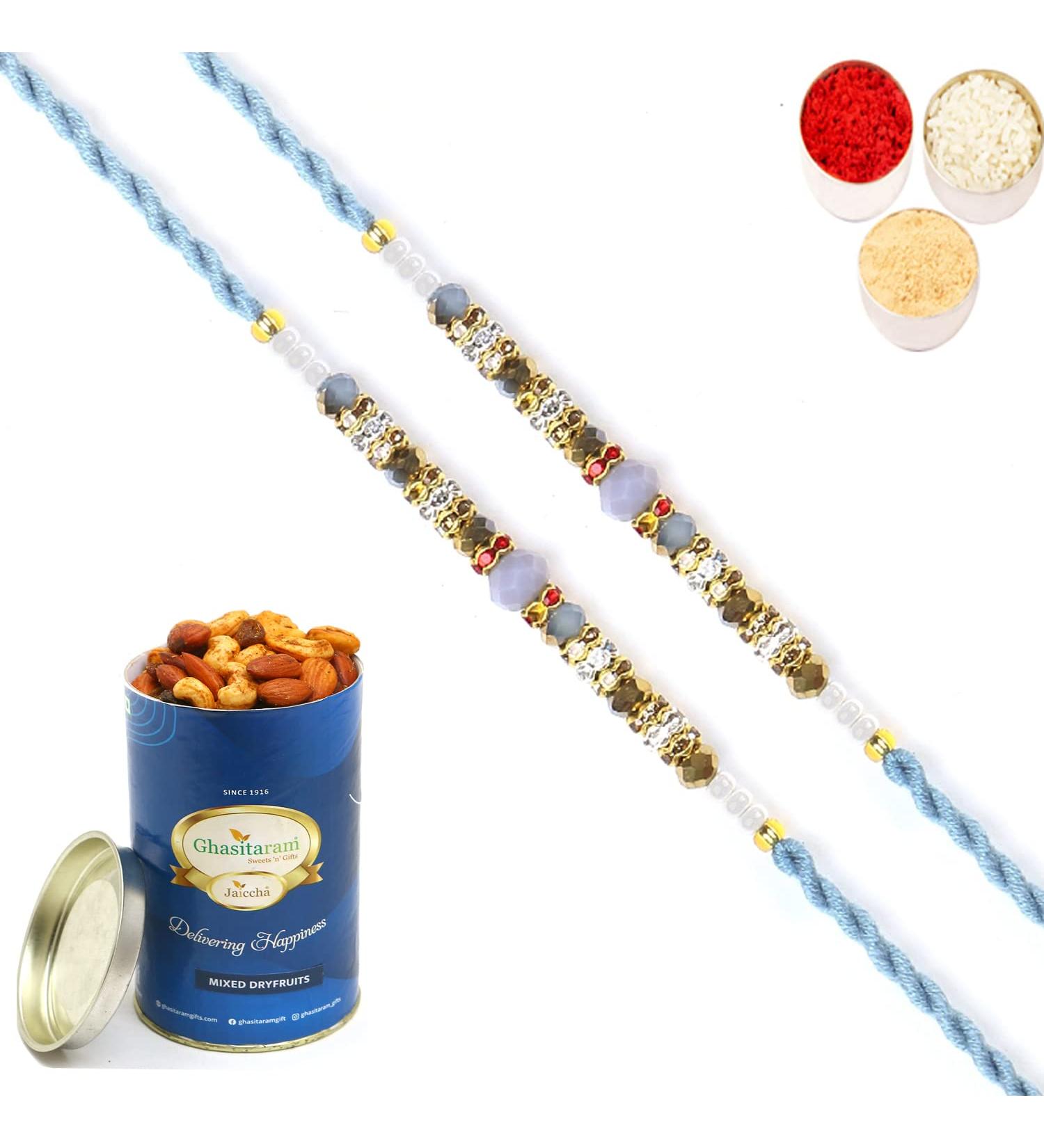 Ghasitaram Gifts Rakhi for Brother Rakhis Online - Set of 2-6373 Fancy Thread Rakhis with 100 GMS of Dryfruits Mix Can 2 Rakhi with 100 gms of Dryfruits Mix Can - Buy Online on SooperMarket.com
