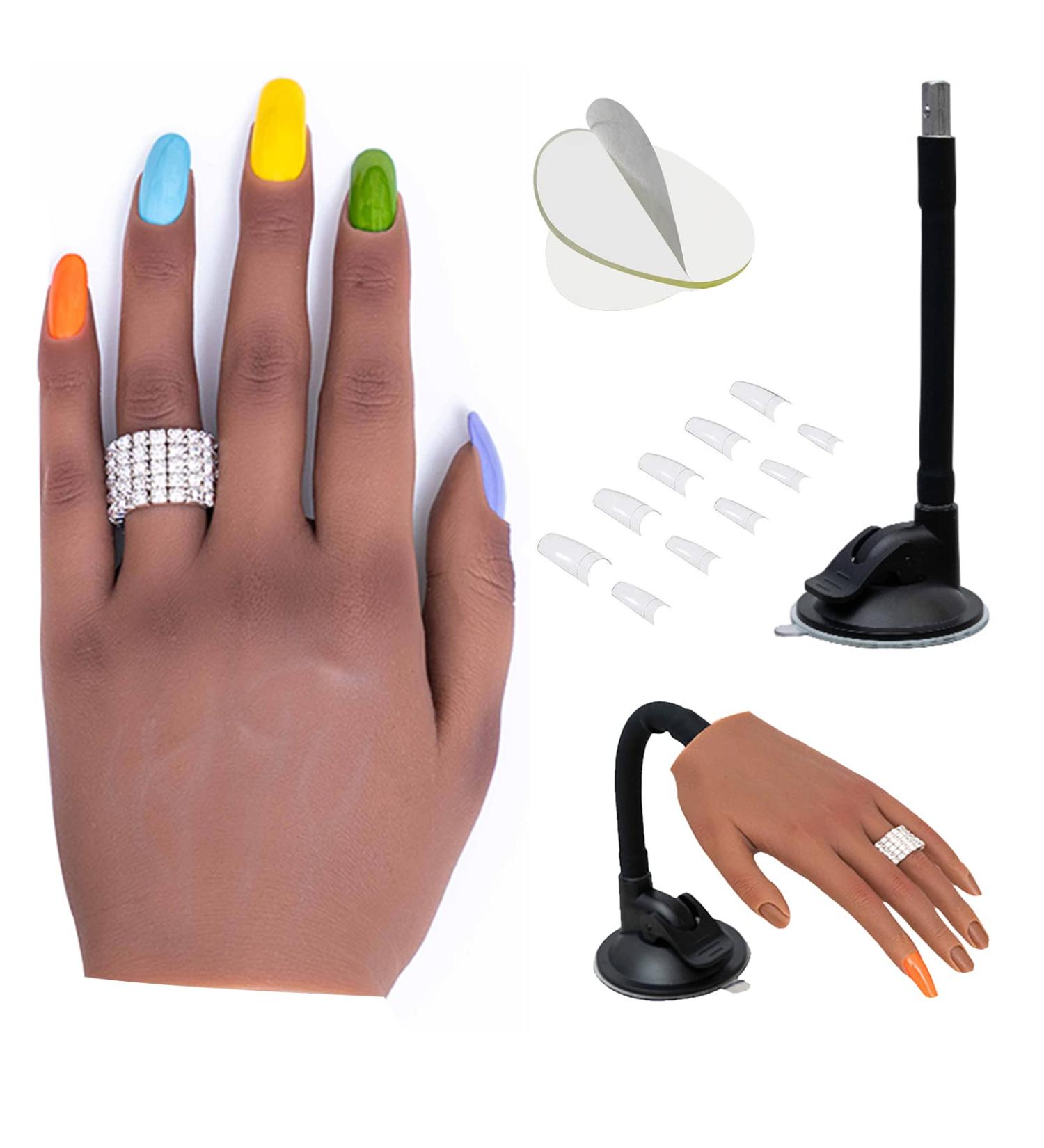 Professional Silicone Nail Practice Hand for Acrylic Nails | Left Hand Dark Brown with Adjustable Bracket and 50pcs Nail Tips - Buy Online on SooperMarket.com