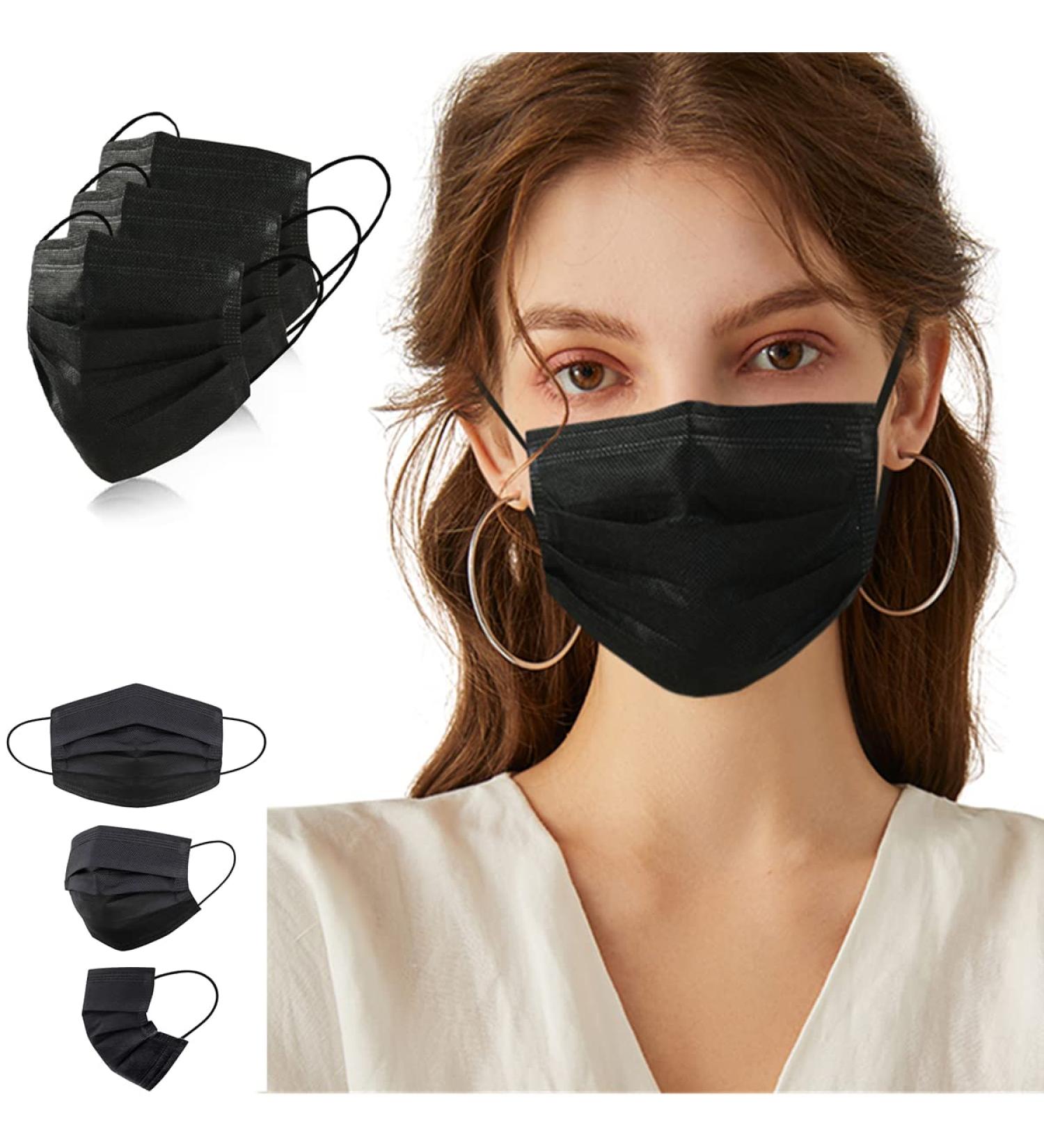 Trasign Black Disposable Face Masks - 100 Pcs | 3-Ply Earloop Mouth Cover | Breathable & Comfortable - Buy Online on SooperMarket.com