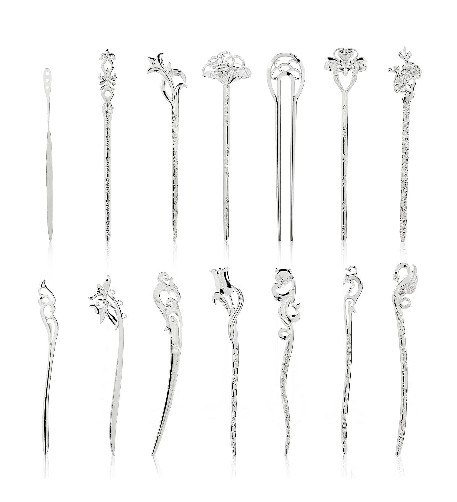 14 Pack Vintage Retro Chinese Japanese Silver Hair Sticks Pins Picks - Decorative Hair Accessories for Women - Buy Online on SooperMarket.com