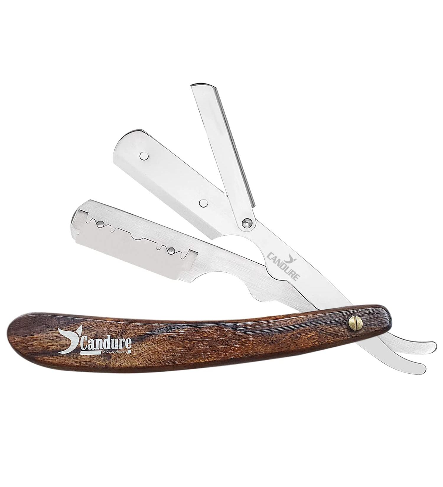 Shop Candure Men's Razor - Professional Stainless Steel Razor with Wooden Handle & 10 Extra Sharp Blades for Precision Beard Shaping - 13cm - Buy Online on SooperMarket.com