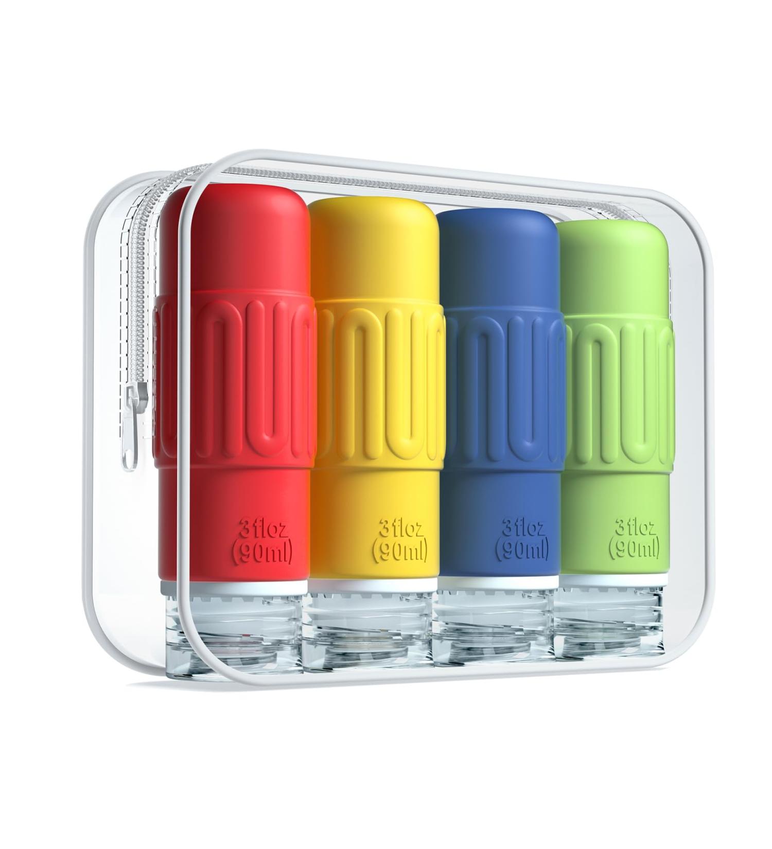 Travel Bottles for Toiletries - BPA Free Leak Proof Silicone TSA Approved 3oz - 4 Pack Travel Accessories for Shampoo & Soap - Buy Online on SooperMarket.com