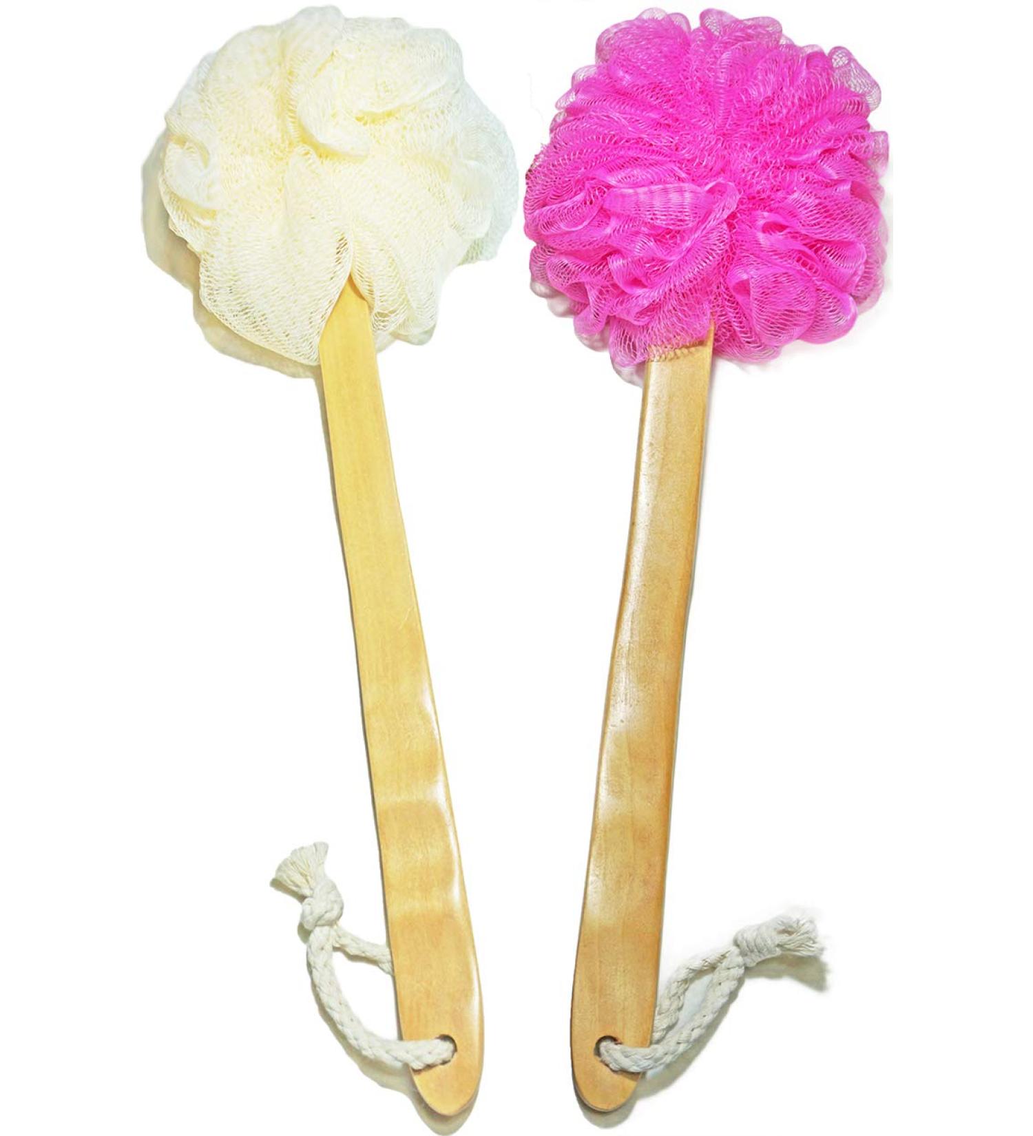 Shower Loofah Body & Back Scrubber 2 PACK - Exfoliating Bath Brush with Long Wooden Handle - For Men & Women - Easy Reach Body Wash Applicator - Buy Online on SooperMarket.com