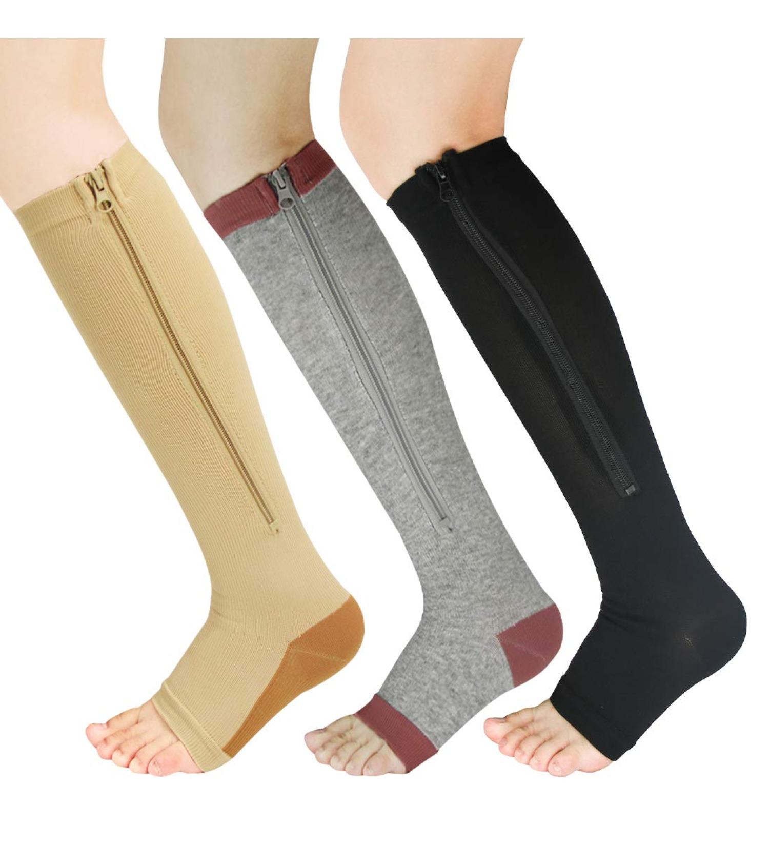 3 Pairs Zipper Compression Socks for Women - Open Toe Toeless Knee High Support Stockings (Black Brown Gray) - L/XL - Easy On & International Shipping - Buy Online on SooperMarket.com