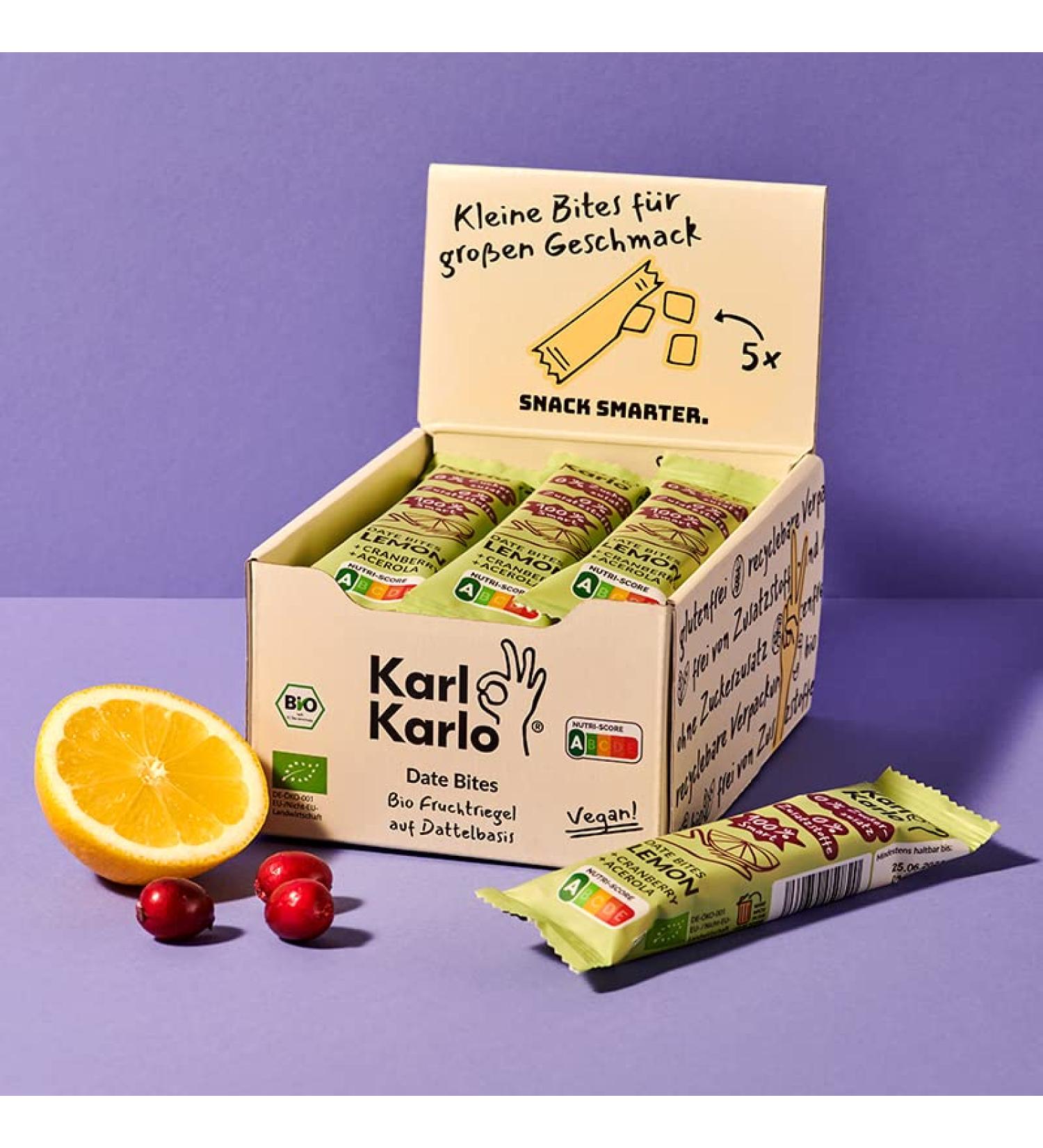 Buy Karl Karlo Fruchttriegel Lemon - Vegan Snack 12x35g | Gluten-Free No Additives Nutri Score A | Dried Cranberries & Acerola - Buy Online on SooperMarket.com