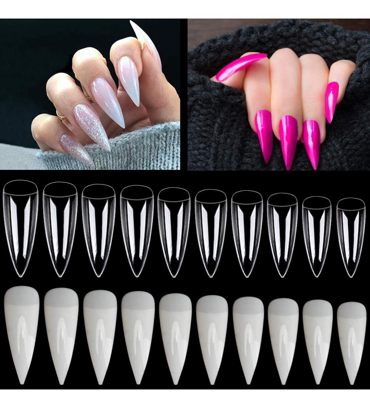 1200PC French False Nail Tips | Acrylic Stiletto Form - Full Cover 10 Sizes Clear & Natural for Salon Mani Pedi - Buy Online on SooperMarket.com