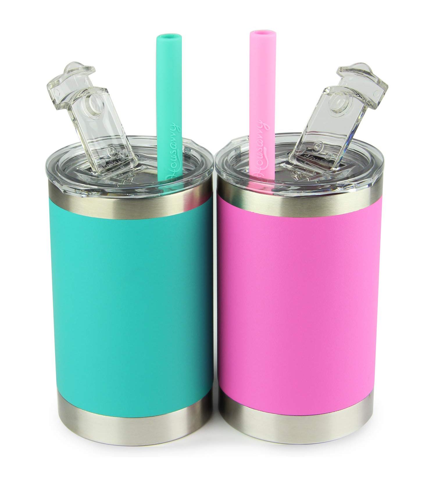 Housavvy 12 Oz Kids Tumblers | Spill-Proof Insulated Stainless Steel Cups with Lids & Straws | BPA-Free Toddler Smoothie Cups in Olive Green/Hot Pink - Buy Online on SooperMarket.com