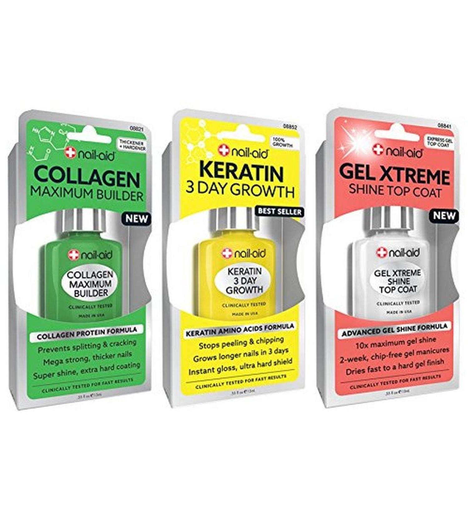 NAIL-AID Collagen Base + Keratin Growth + Gel Top Coat, Clear, 3 Count