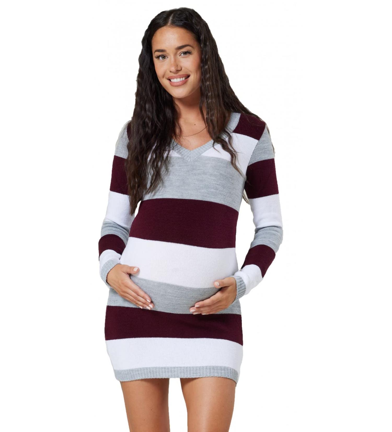 HAPPY MAMA Maternity Stretch Knit Colour Block Jumper Dress, Stripes 405p Crimson (Size 16-18) - Buy Online on SooperMarket.com