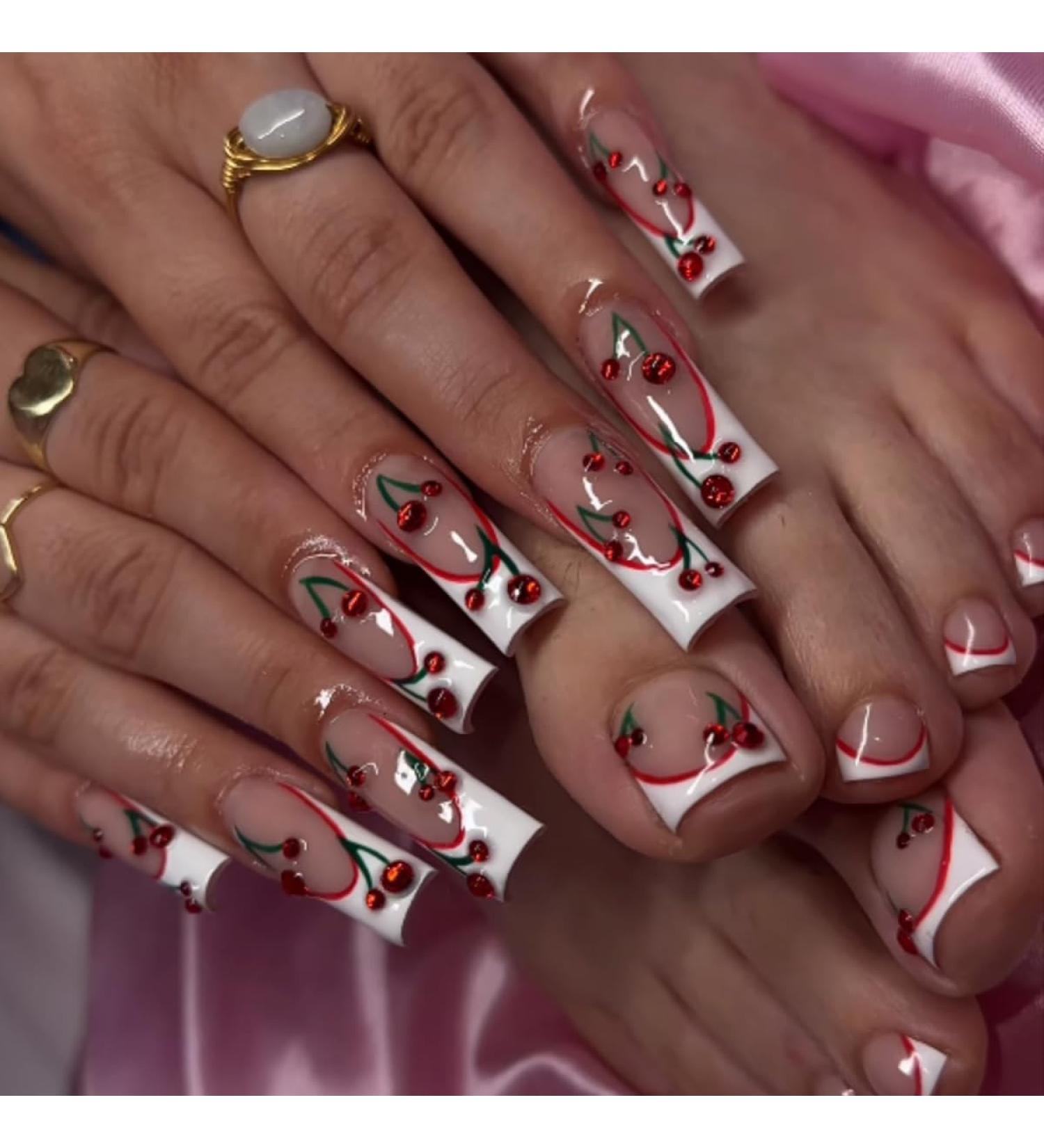 Shop 24Pcs White French Tip Long Press on Nails - Glossy Acrylic False Nails with Rhinestones & Designs for Women | Perfect for International Shipping - Buy Online on SooperMarket.com