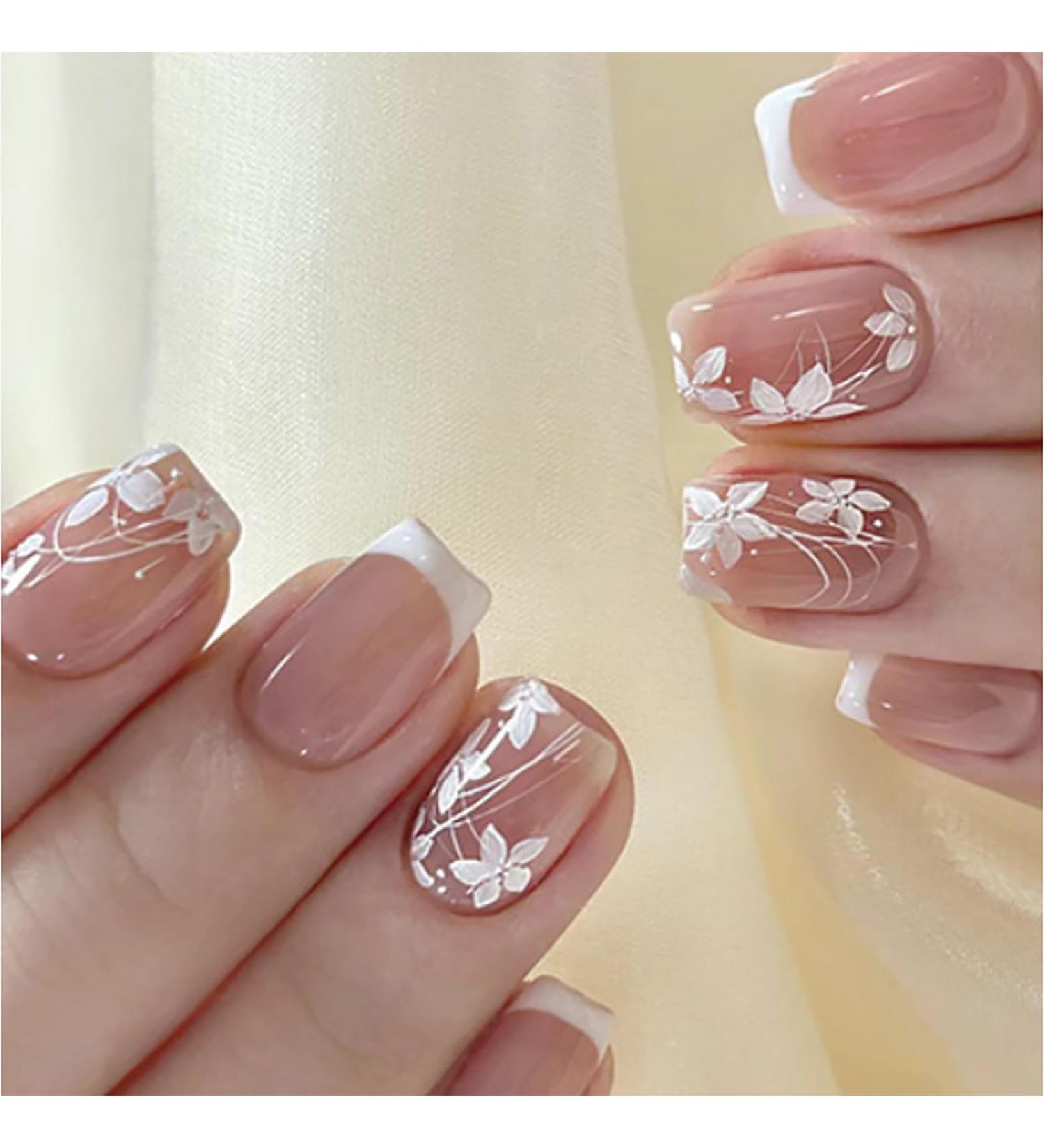 Shop French Tip Press On Nails - Short Square Floral Acrylic Nails for DIY Manicure | 24 Pcs Glossy Glue-On Fake Nails for Women & Girls - Buy Online on SooperMarket.com