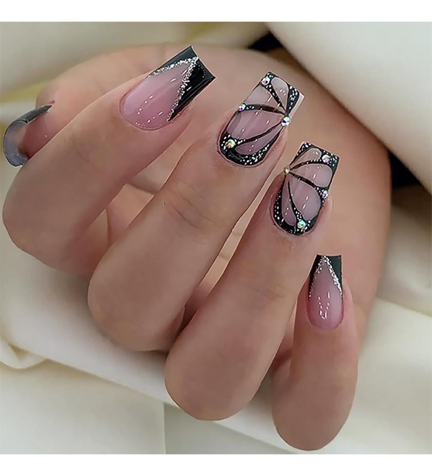 24PCS Square French Rhinestone Gloss Black Press on Nails for Women and Girls - Buy Online on SooperMarket.com