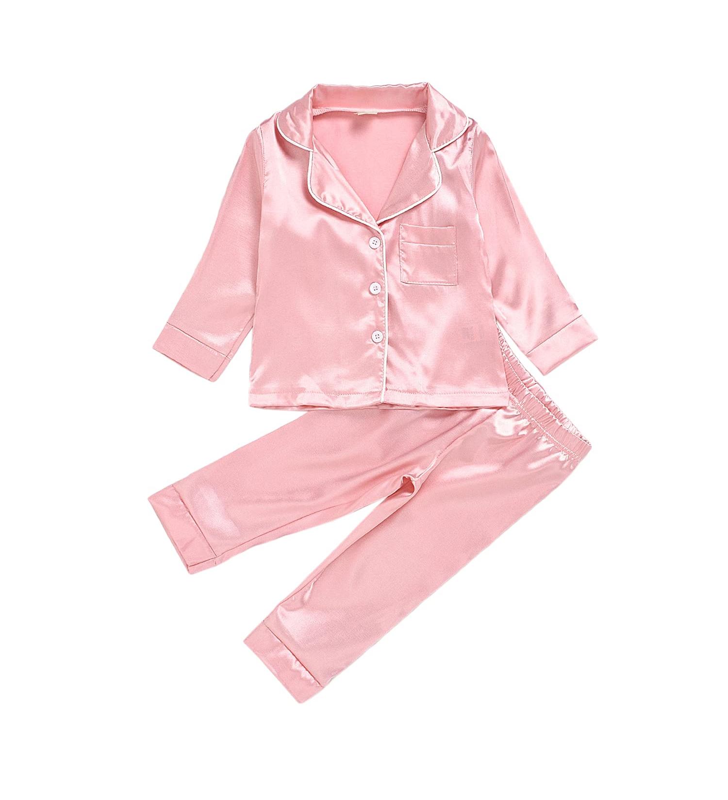 Verve Jelly Kids Satin Pajama Set | Long Sleeve Button Down Sleepwear | 2-Piece Outfit | Pink | 3-4 Years - Buy Online on SooperMarket.com
