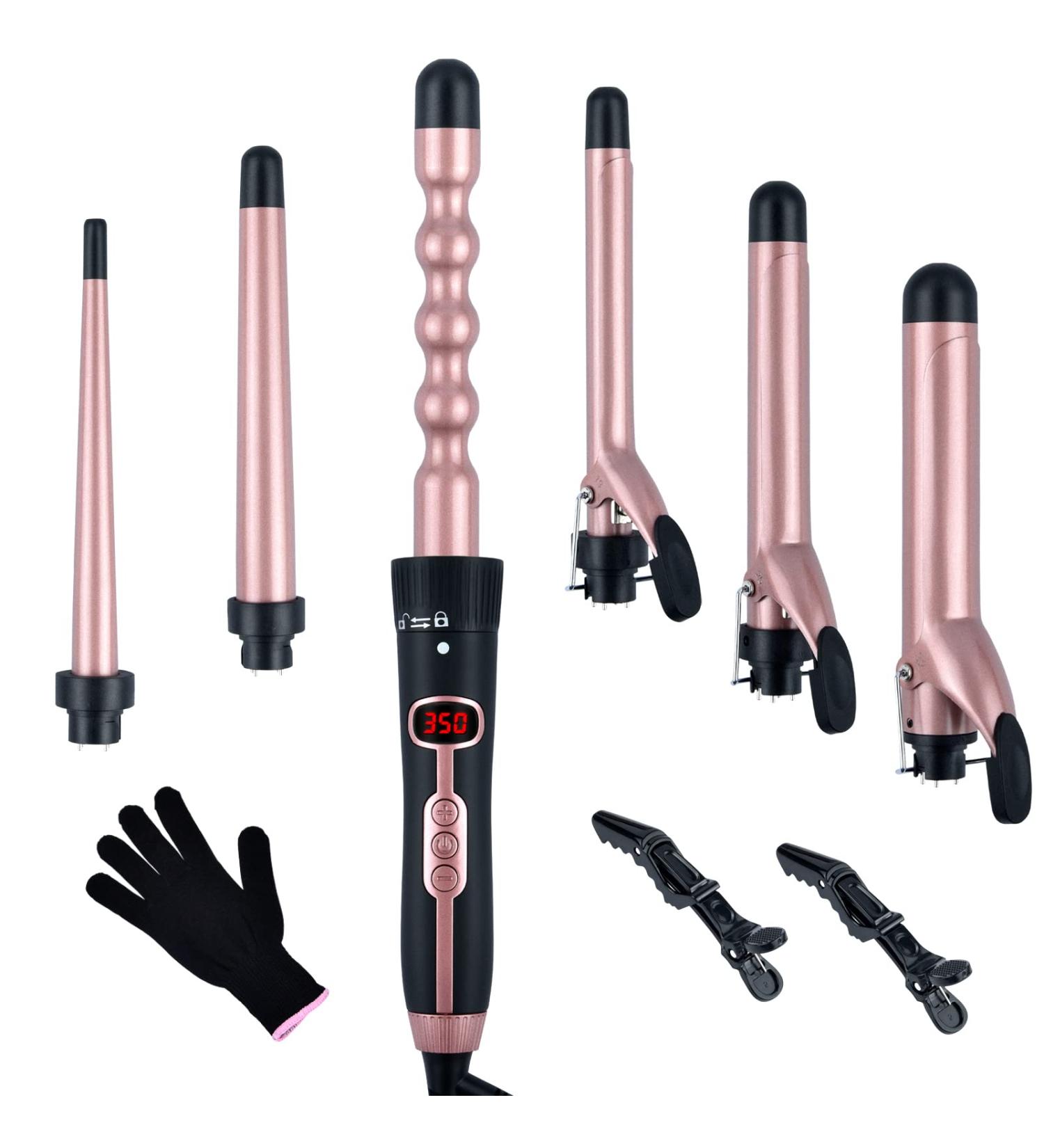 6 in 1 Curling Iron Set with Interchangeable Ceramic Barrels, LCD Temperature Display, Dual Voltage - Heats Up Quickly for Hair Crimping & Waving - Includes Glove & Clips - Buy Online on SooperMarket.com