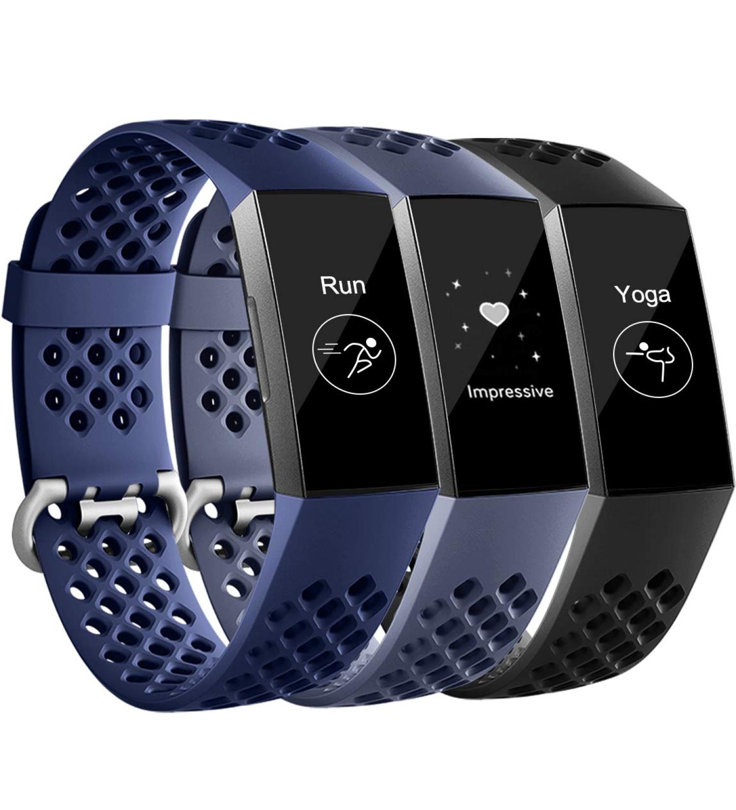 Breathable Sport Bands 3-Pack for Fitbit Charge 3/4 - Black/Navy Blue/Blue Gray - Large Size - Replacement Wristbands for Men and Women by Maledan - Buy Online on SooperMarket.com