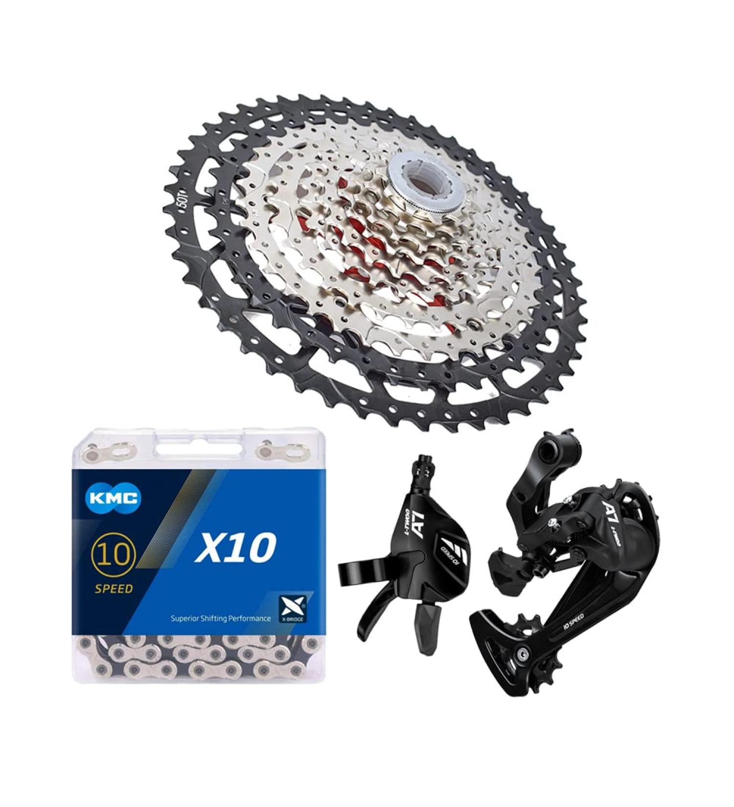 Bibike 10 Speed MTB Groupset with KMC X10 Chain and 11-50t Cassette - Silver 1x10 Speed Rear Derailleur & Shifter Kit - Buy Online on SooperMarket.com