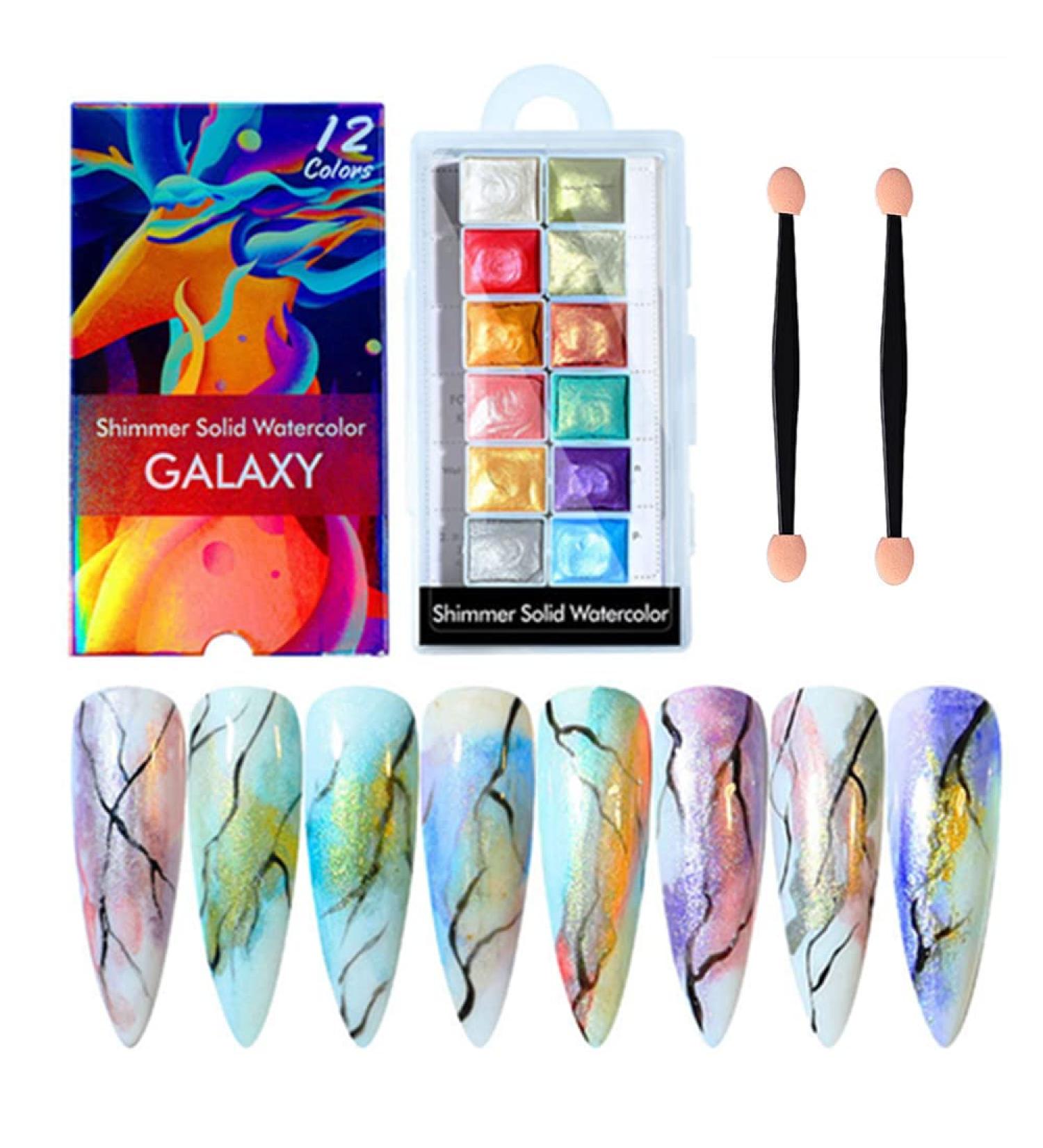 12-Piece Shimmer Solid Watercolor Nail Paint Set - Metallic Powder for Nails - Buy Online on SooperMarket.com