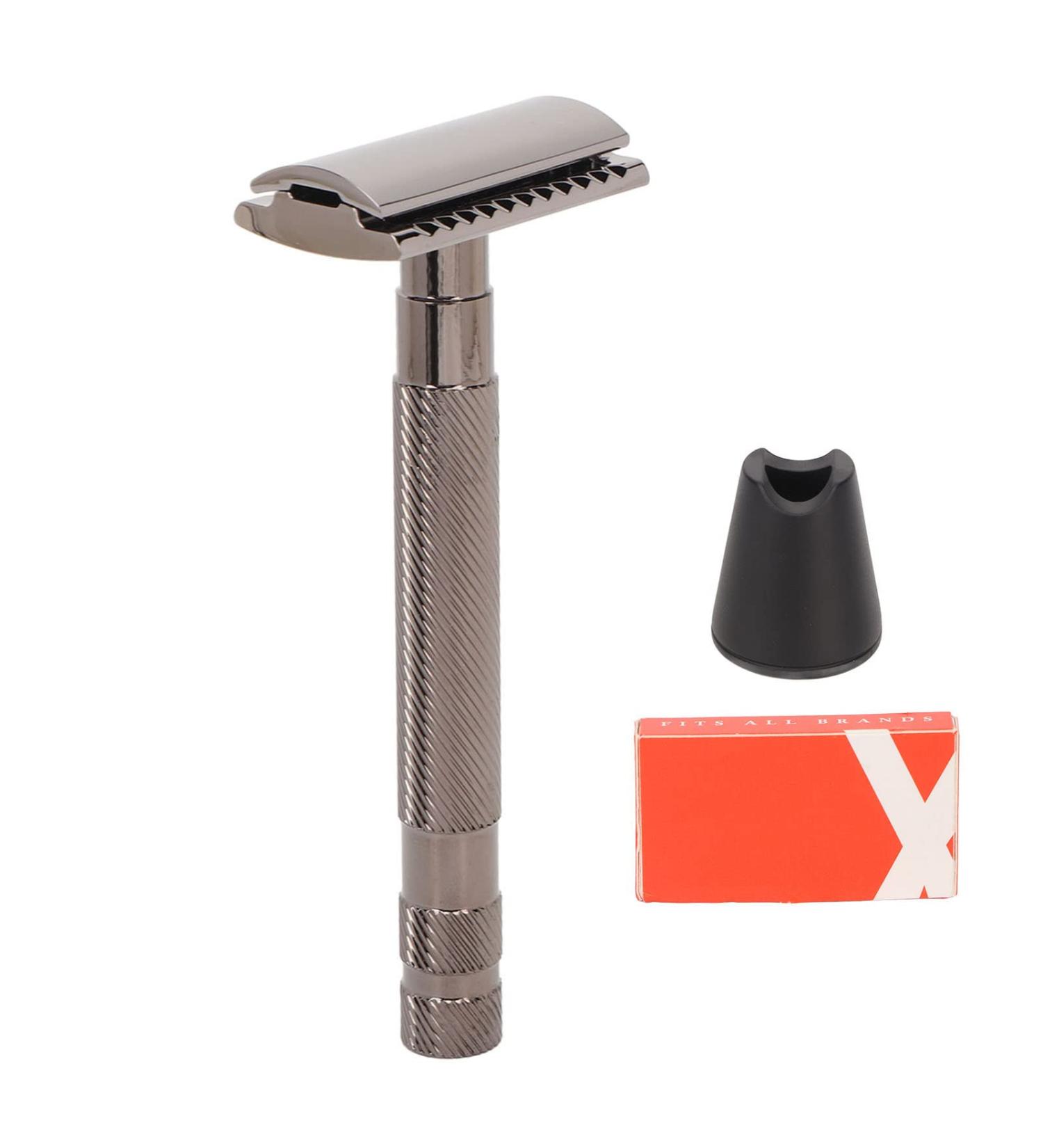Double Edge Safety Razor Set | Manual Shaving Razor with 10 Blades & Stand | Reusable Alloy Grooming Tool for Effortless Shaving - Buy Online on SooperMarket.com