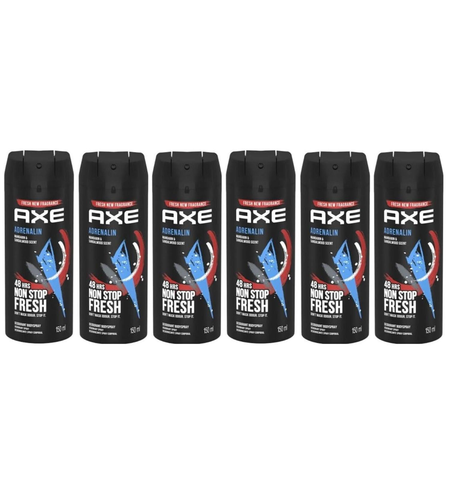 AXE (6 Pack) Adrenalin Body Spray for Men 5.07 Oz (150ml) |Mandarin & Sandalwood scent |48H Non Stop Fresh |by SBD - Buy Online on SooperMarket.com