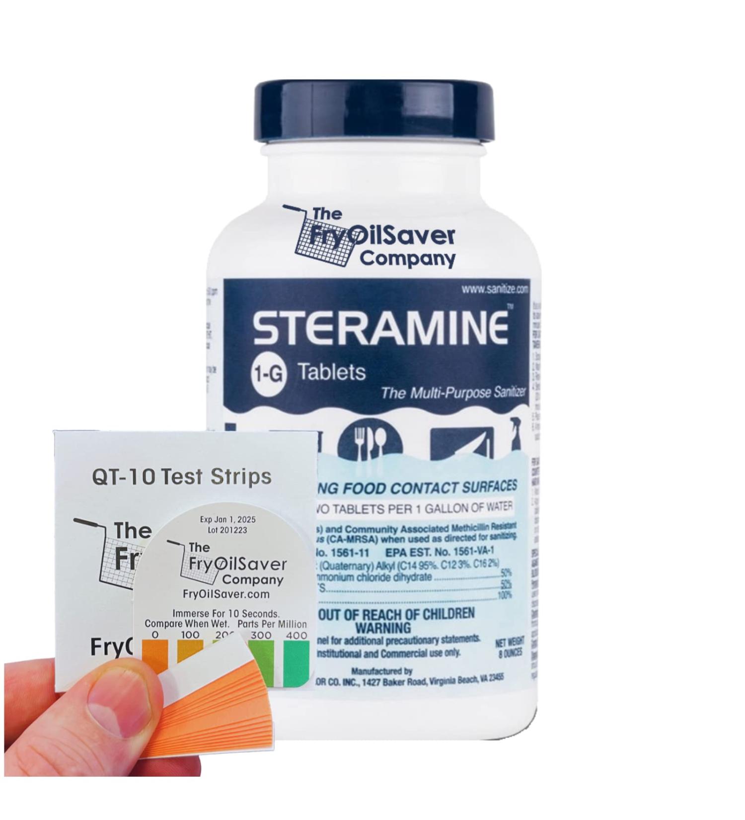 Quaternary Sanitizing Tablets 150 ct. Bottle | Kills E-Coli, HIV, Listeria | Food Contact Surface Sanitizer | Includes 15 QT-10 Test Strips - Buy Online on SooperMarket.com