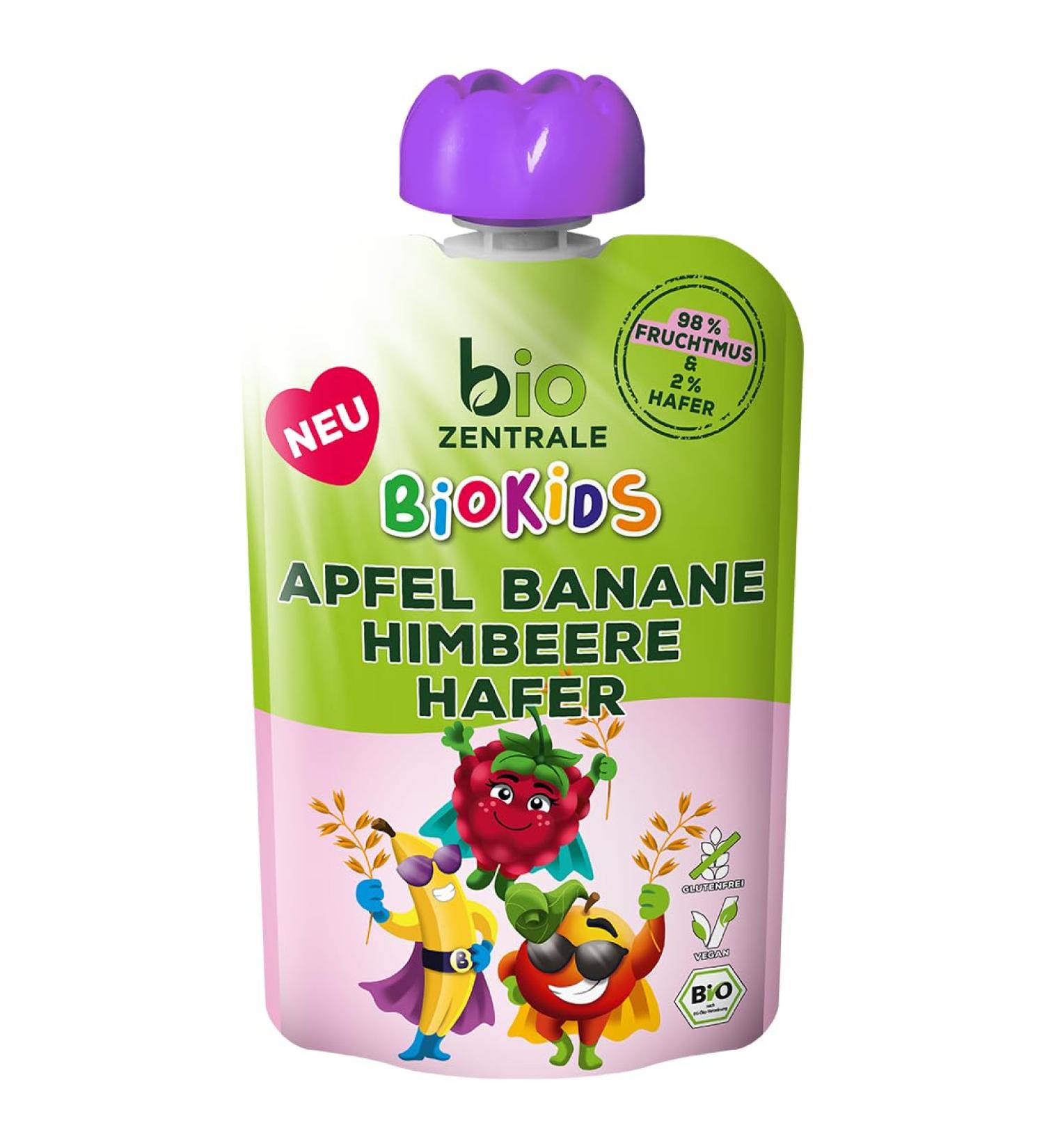 Biozentrale BioKids Fruit Puree Apple Banana Raspberry Oat - 12 x 90g | Vegan No Added Sugar Fruity Snack - International Shipping Available - Buy Online on SooperMarket.com