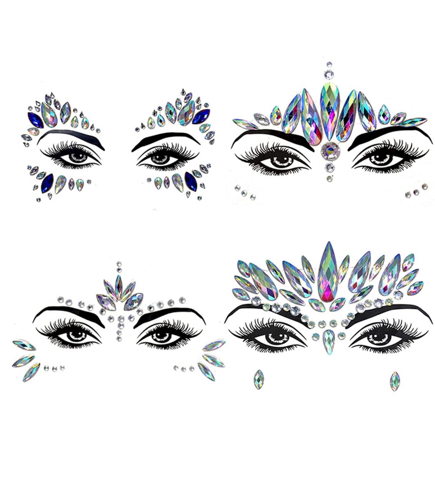 Halloween Mermaid Crystal Face Stickers - 4 Sets Rhinestone Festival Jewels for Women and Kids - Cosplay Fairy Costume Accessories - Buy Online on SooperMarket.com