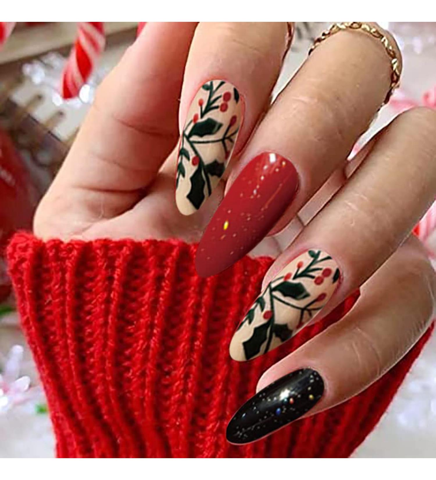 Vatocu Christmas False Nails Short Red Press on Nails - Snowflake Elk Snowman Design (24pcs) | Acrylic Stick on Nails for Women and Girls - Buy Online on SooperMarket.com