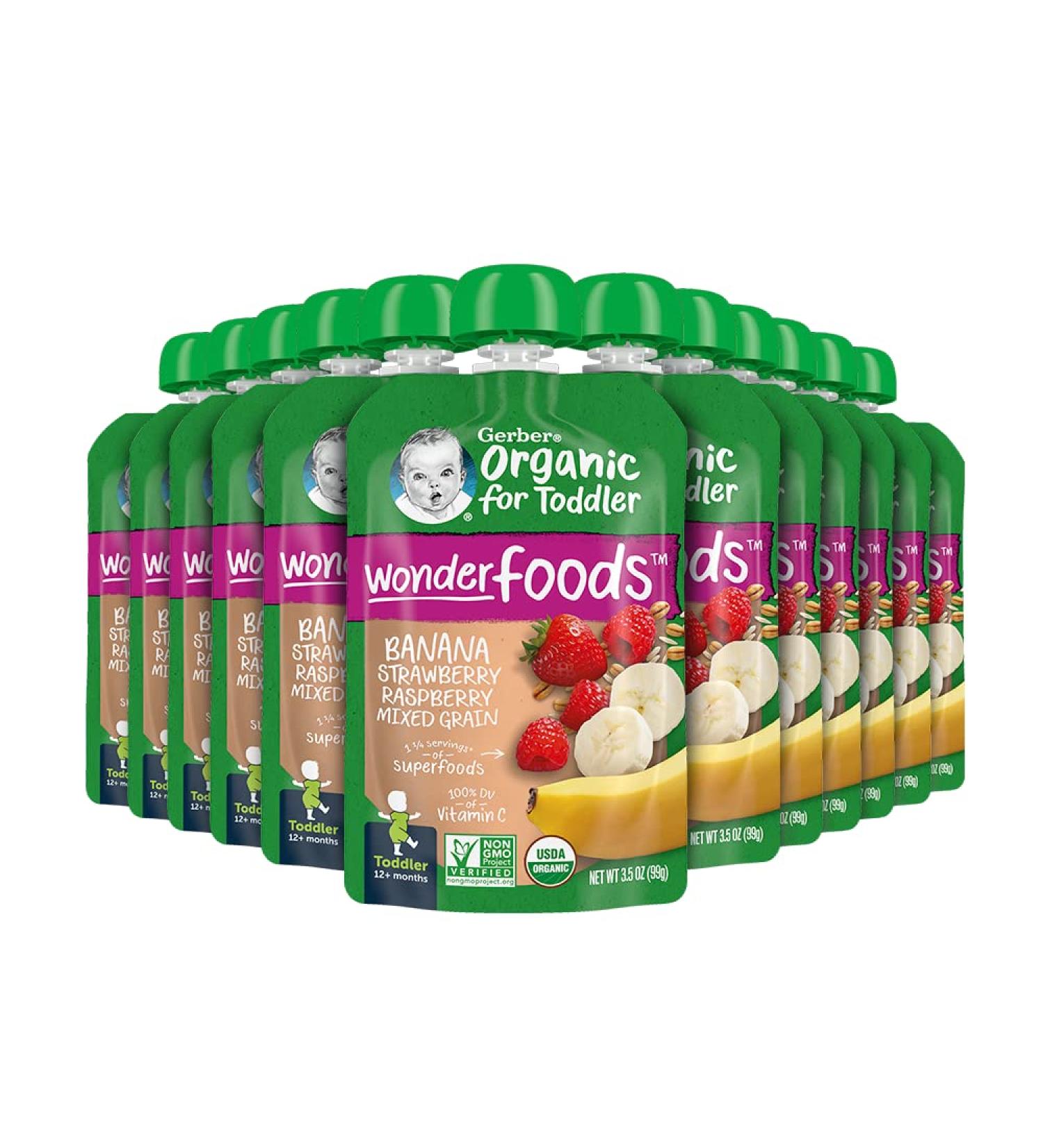Gerber Organic Baby Food Pouches - WonderFoods Banana Red Berries Granola 3.5oz (Pack of 12) - Buy Online on SooperMarket.com
