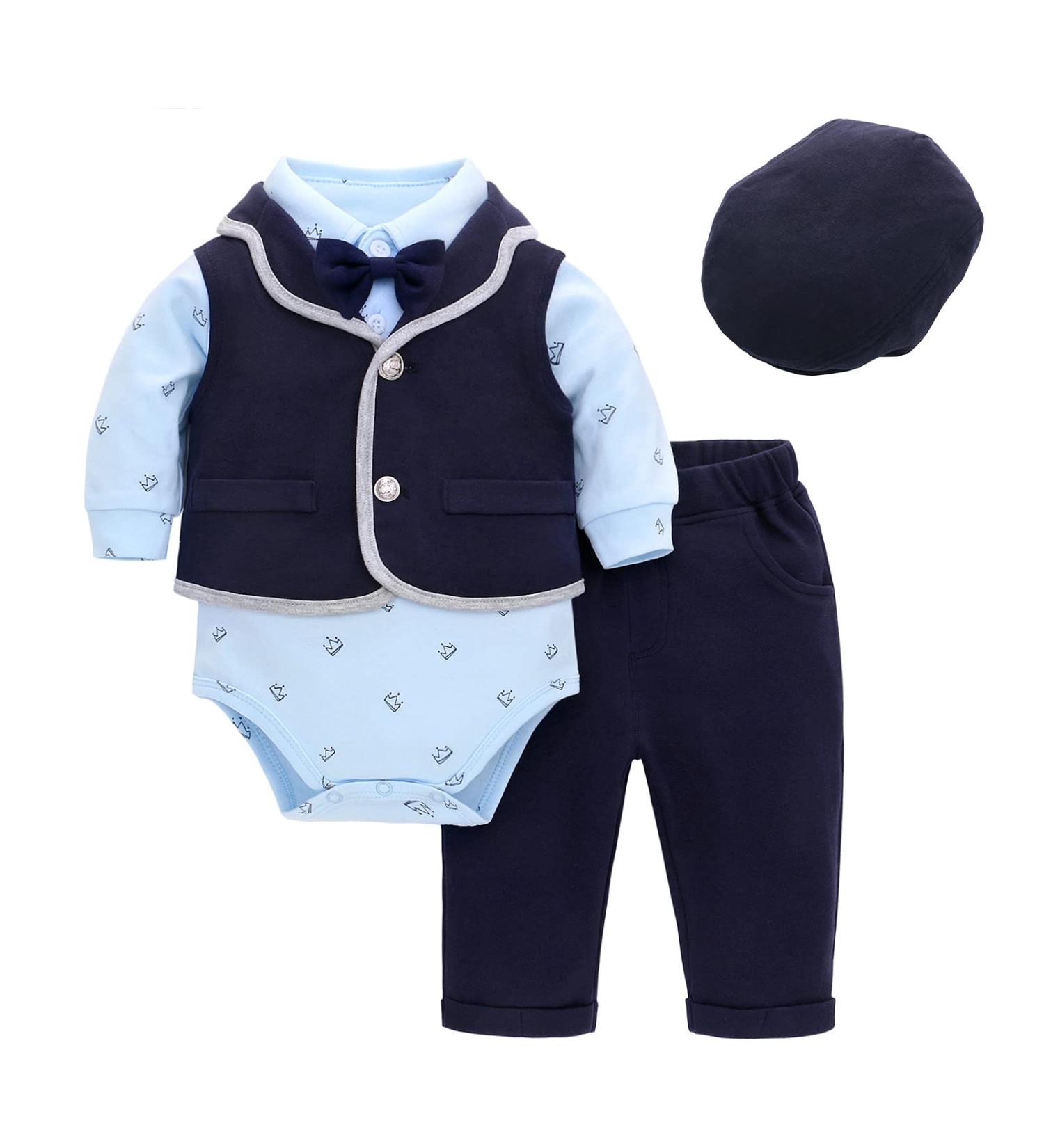 Famuka Baby Boy Formal Tuxedo Suit with Bows Waistcoat & Hat - 9 Months (Blue) | 4 PCS Set - Buy Online on SooperMarket.com