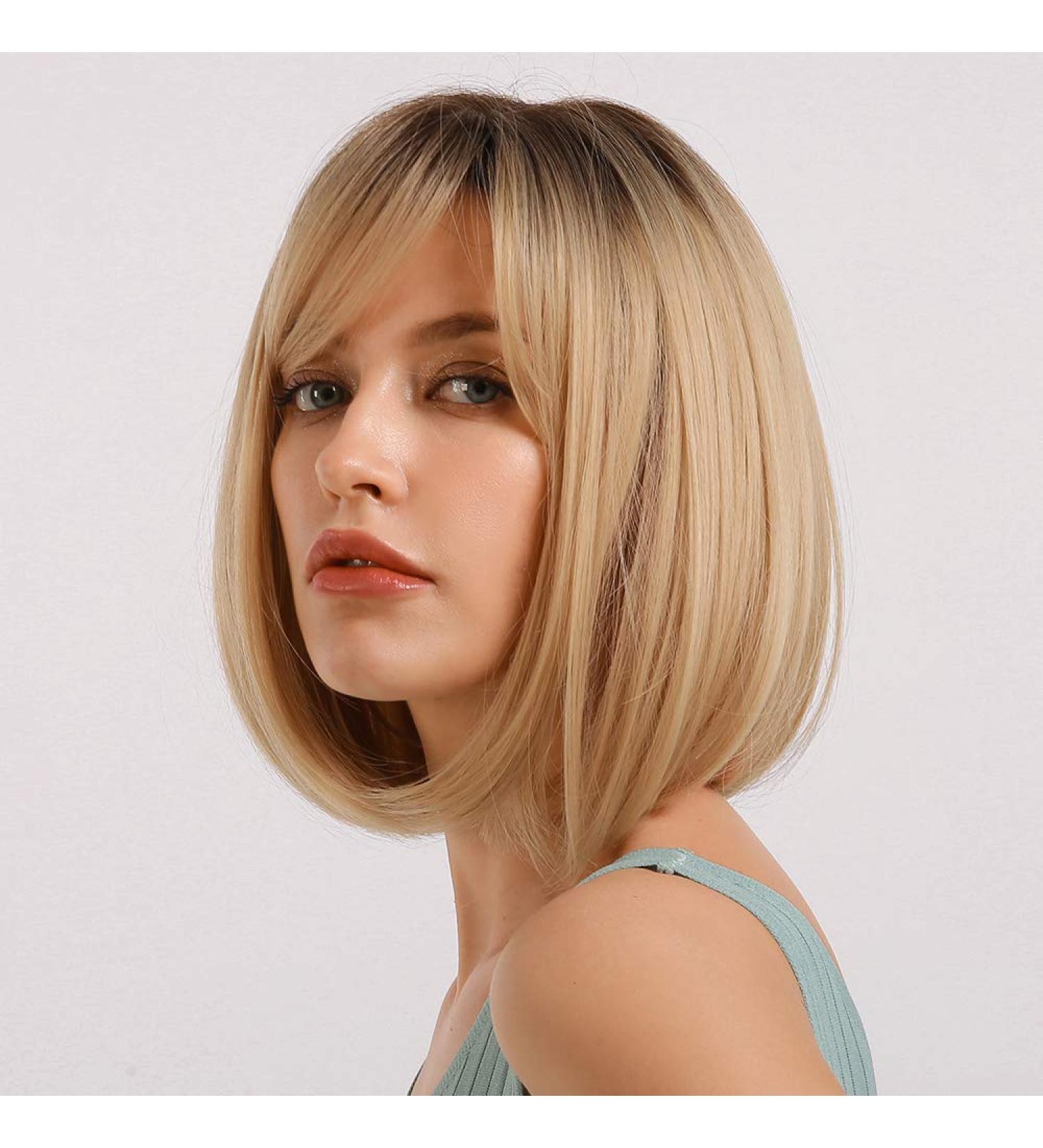 Haircube Short Bob Wig with Bangs - Heat-Resistant Ombre Blonde Wigs for Women | Perfect for Parties Cosplay & Daily Use - Buy Online on SooperMarket.com
