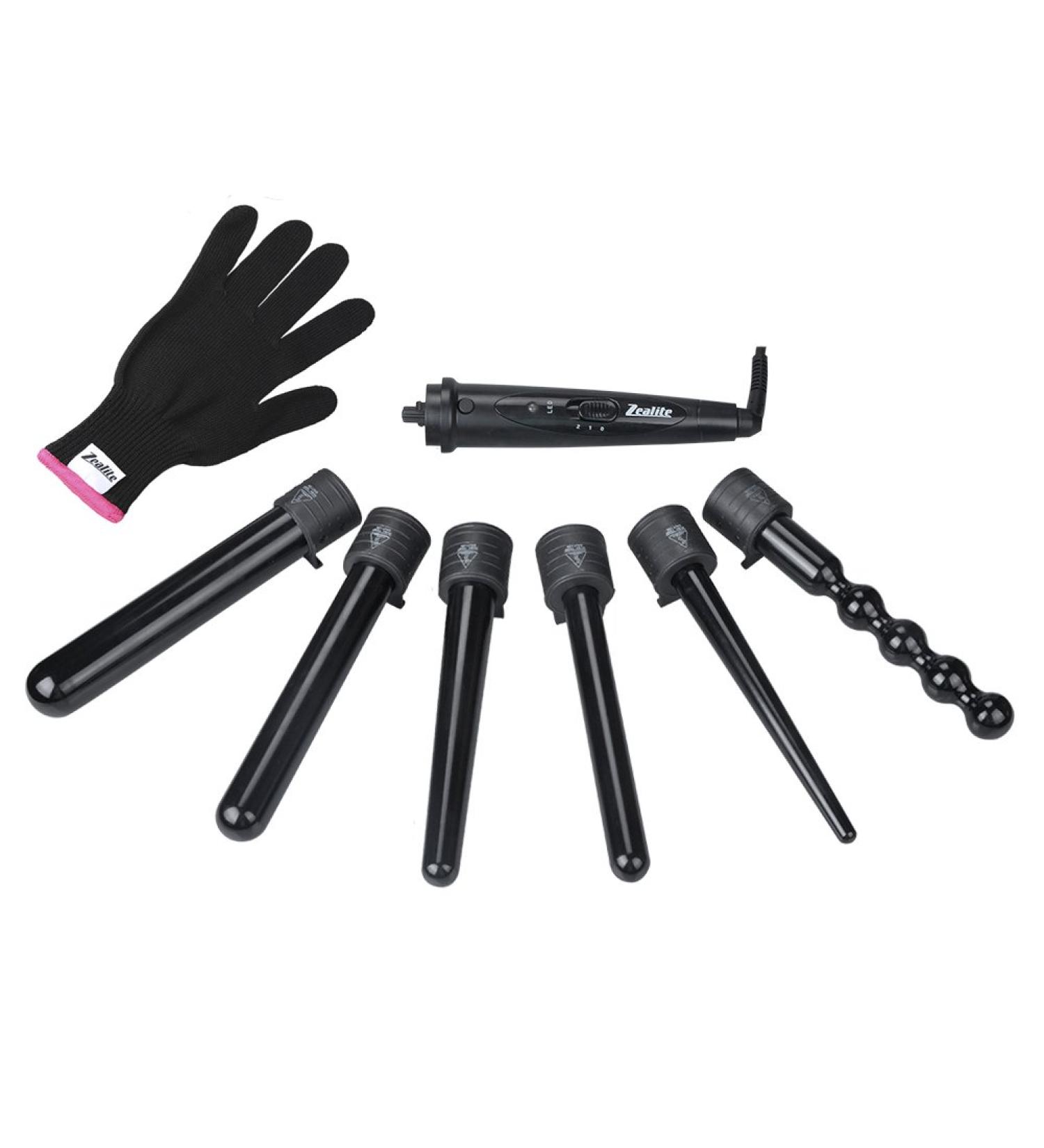 Zealite 6 in 1 Curling Wand Set - Interchangeable Ceramic Barrels & Heat Resistant Glove | International Shipping Available - Buy Online on SooperMarket.com