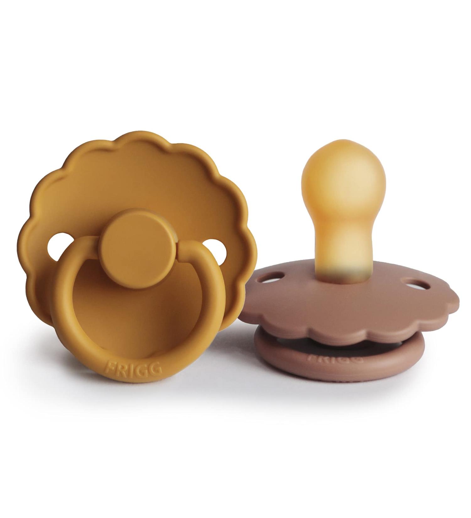 FRIGG Daisy Natural Rubber Baby Pacifier 2-Pack - Rose Gold/Honey Gold | BPA-Free | Made in Denmark | 0-6 Months - Buy Online on SooperMarket.com