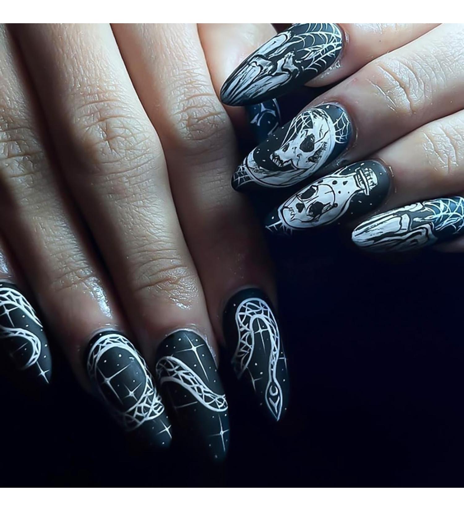 24Pcs Halloween Almond Press on Nails - Black Acrylic False Nails with Grimace & Snake Designs | Long Full Cover Stick on Nails for Women - Buy Online on SooperMarket.com