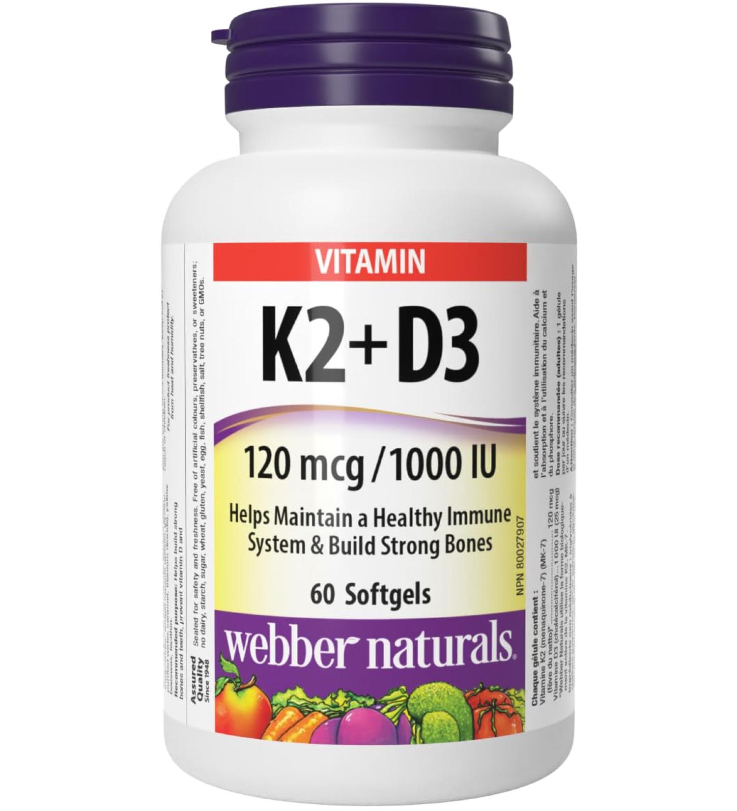 Webber Naturals Vitamin K2 with D3 60 Softgels Helps Support Bones Teeth and Immune Function Gluten & Dairy Free - Buy Online on SooperMarket.com