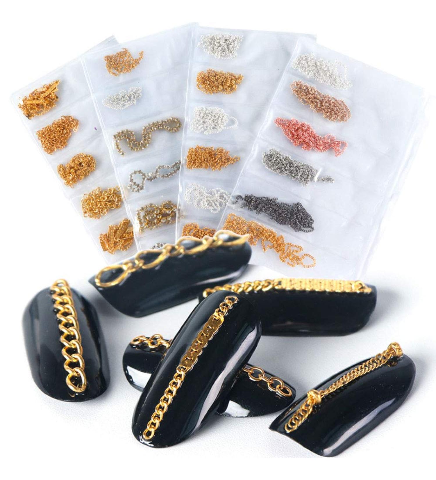 Nail Chains Set - 4 Packs of 24 Gold & Silver Metal Punk Pendant Ornaments for Nail Art DIY - Women's Nail Supplies - Buy Online on SooperMarket.com