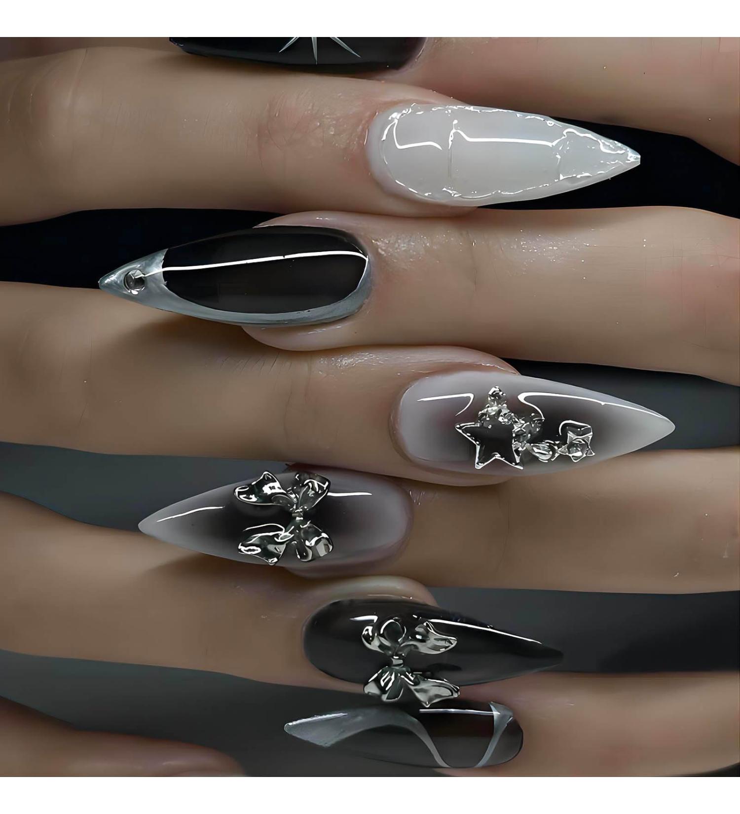 Buy Almond Press on Nails - Medium Black Ombre False Nails with 3D Bow Designs & Star Charms | Glossy Acrylic Stick-On Nails for Women - 24PCS - Buy Online on SooperMarket.com