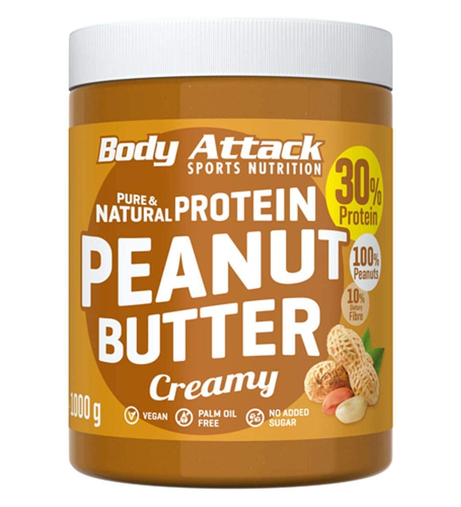 Body Attack Protein Peanut Butter 1kg - Creamy Vegan Natural Low Sugar 30% Protein No Salt & Palm Fat - Buy Online on SooperMarket.com