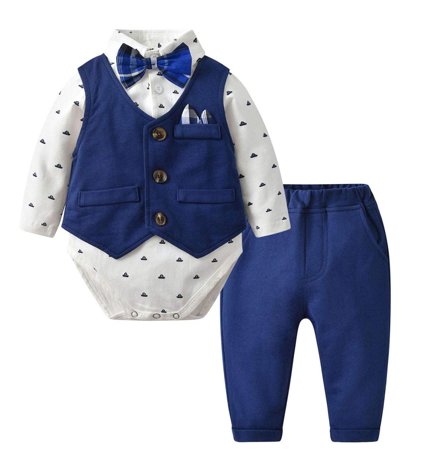 Famuka Baby Boy 3 Piece Formal Suit with Bows Waistcoat | Navy Gentleman Tuxedo | Size 2-3 Months - Buy Online on SooperMarket.com