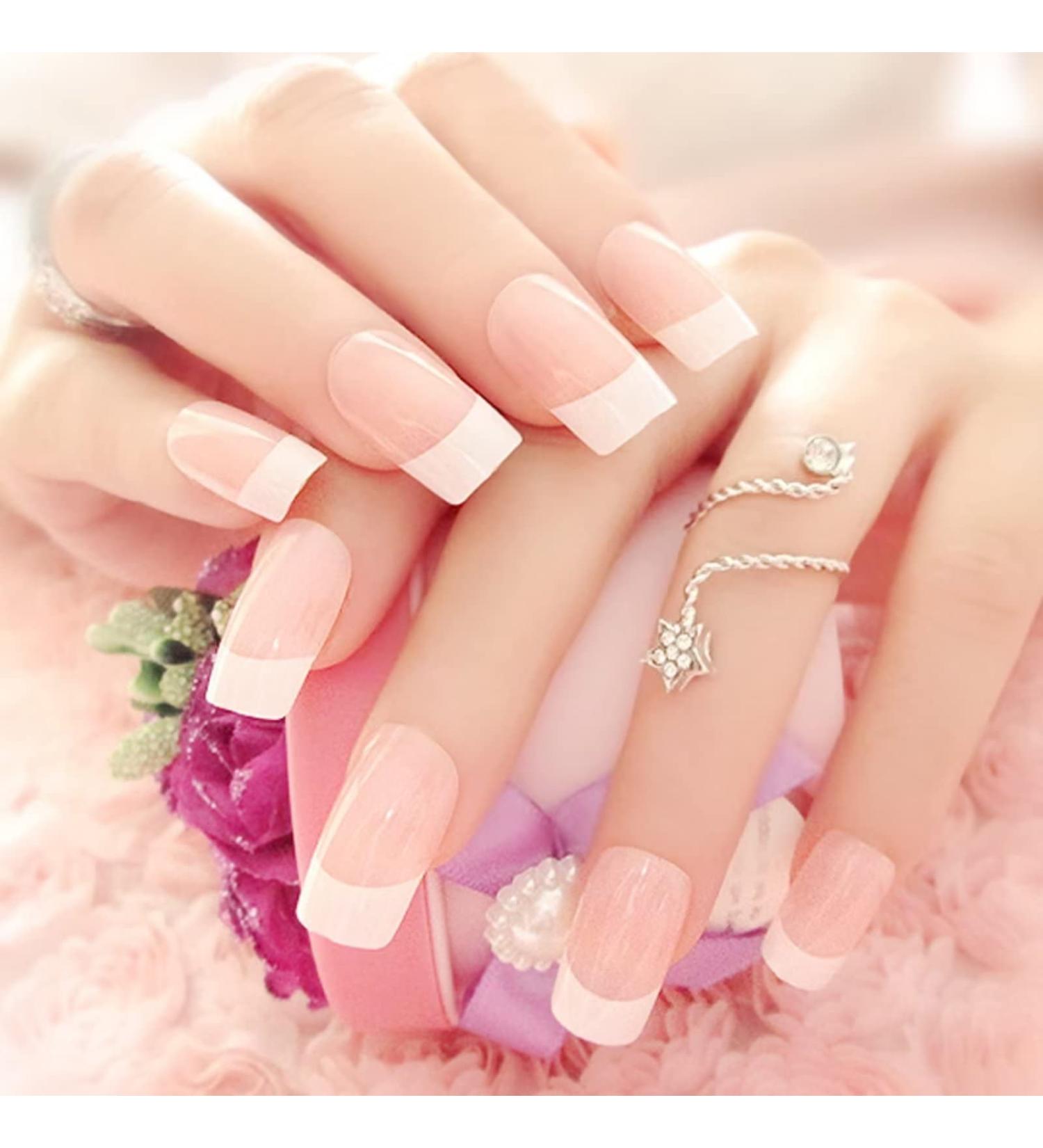 24Pcs Nude French Tip Press on Nails - Coffin False Nails for Women and Girls | Z - Buy Online on SooperMarket.com