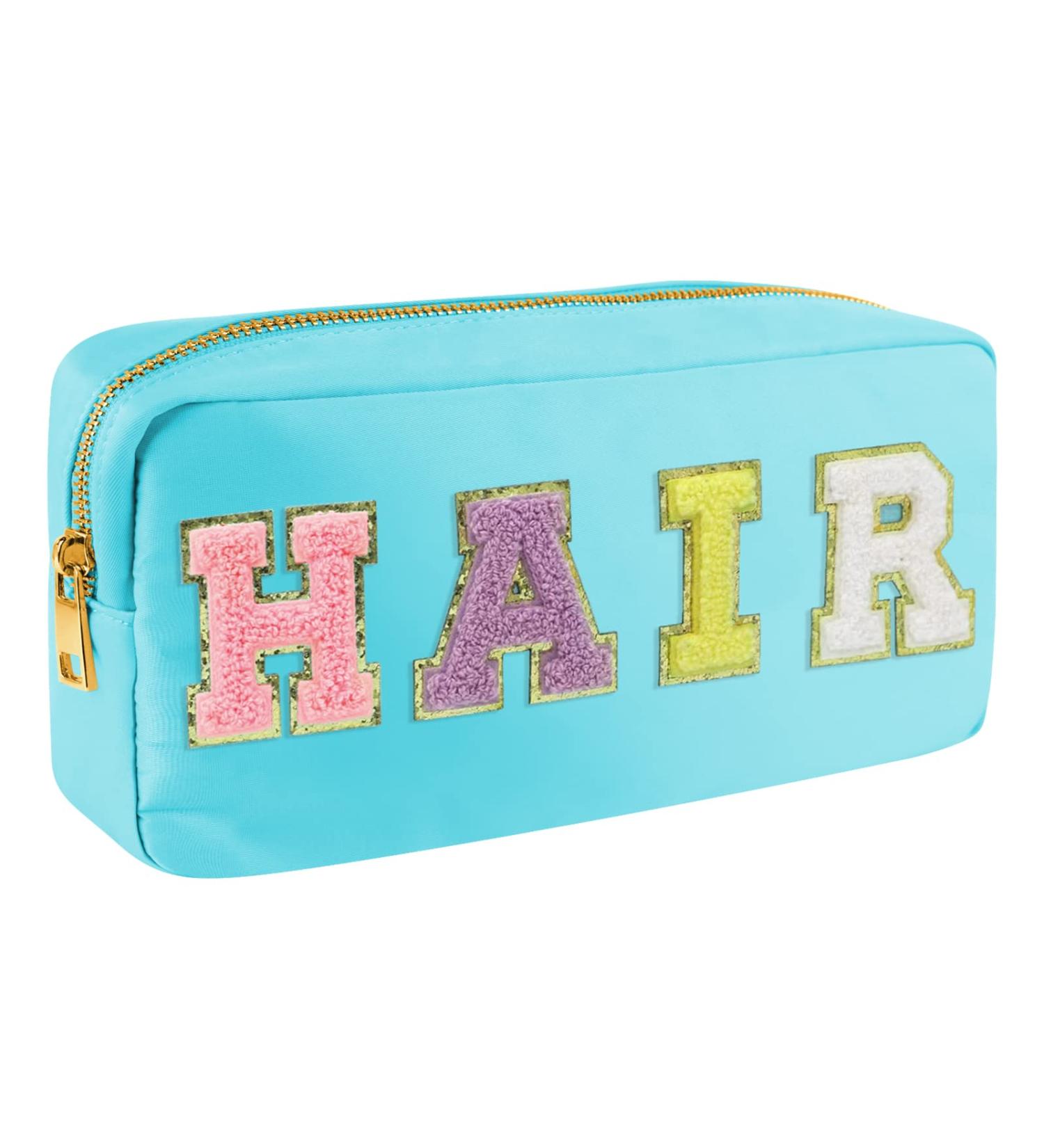 Nylon Waterproof Preppy Makeup Bag - Girls Chenille Letter Portable Travel Organizer for Toiletries and Cosmetics Storage (Blue Hair) - Patches Included - Buy Online on SooperMarket.com