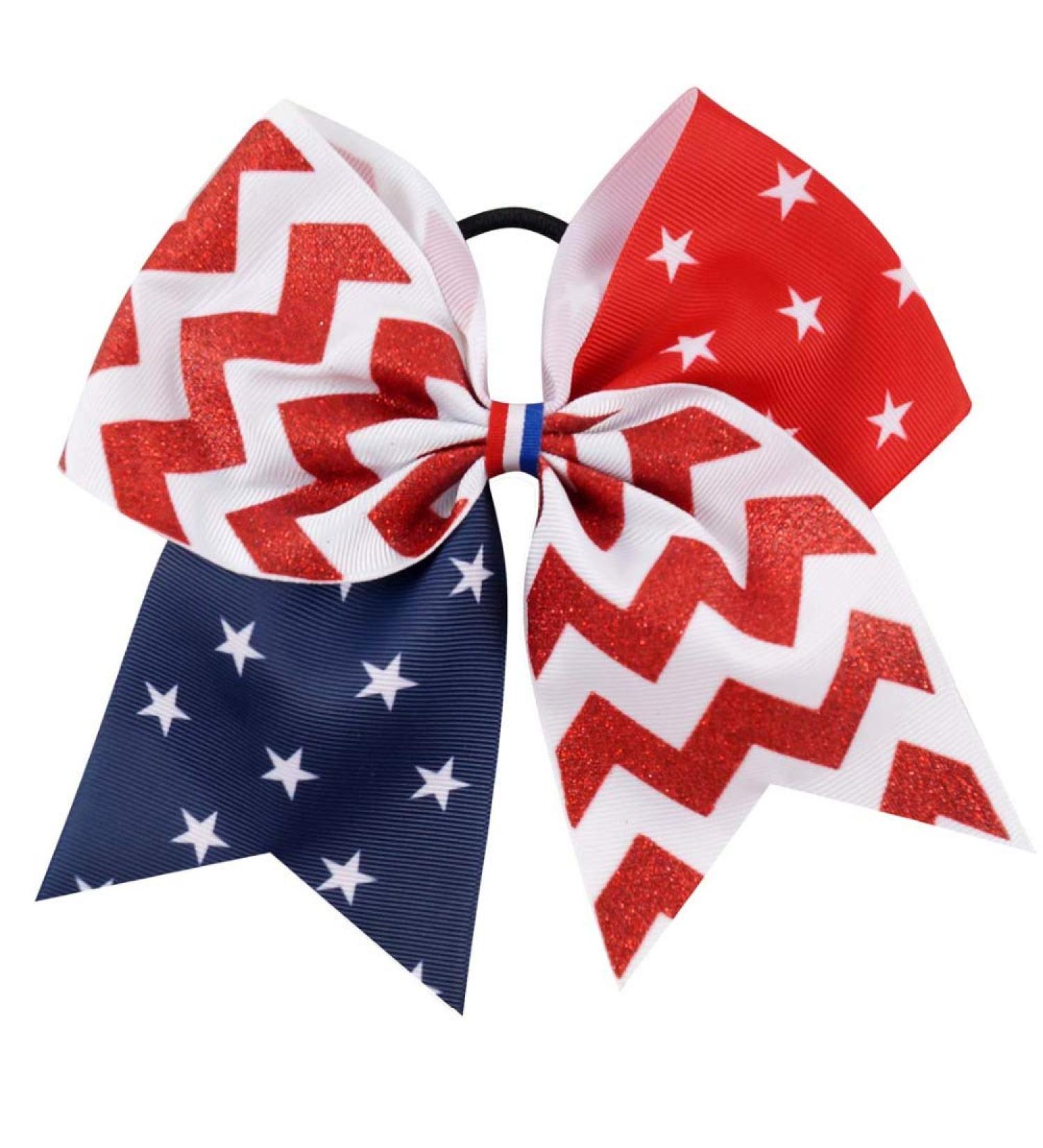 USA Red White Blue Glitter Cheer Hair Bow Ties - America Flag Ribbons with Elastic Tie (Red Wave) - Buy Online on SooperMarket.com