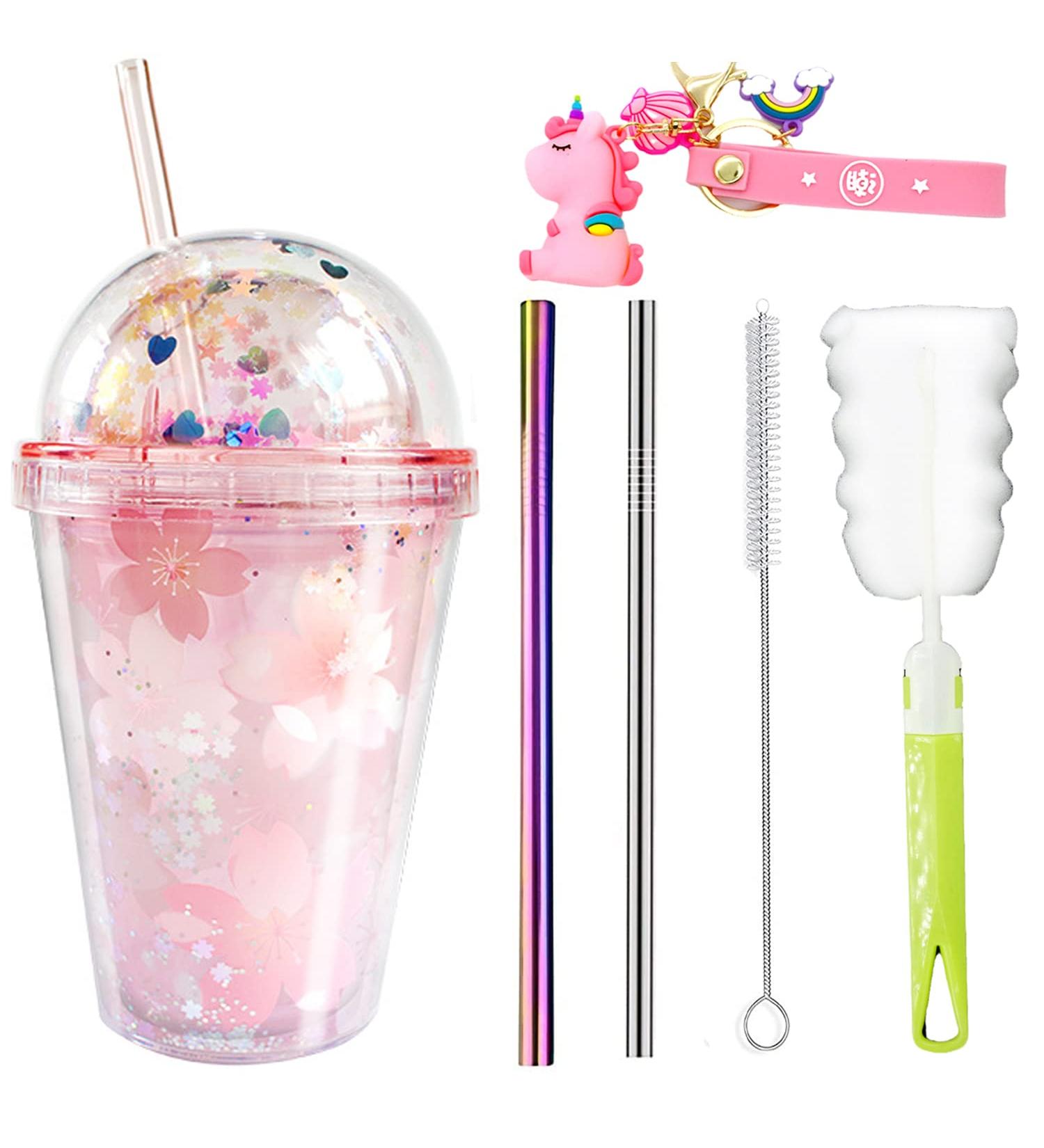 Cherry Blossoms Pink Floral Girl Cup with Straw - Reusable Travel Tumbler (290ml) | Ice Coffee Mug | Plastic Party Cup | Gift Idea - Buy Online on SooperMarket.com