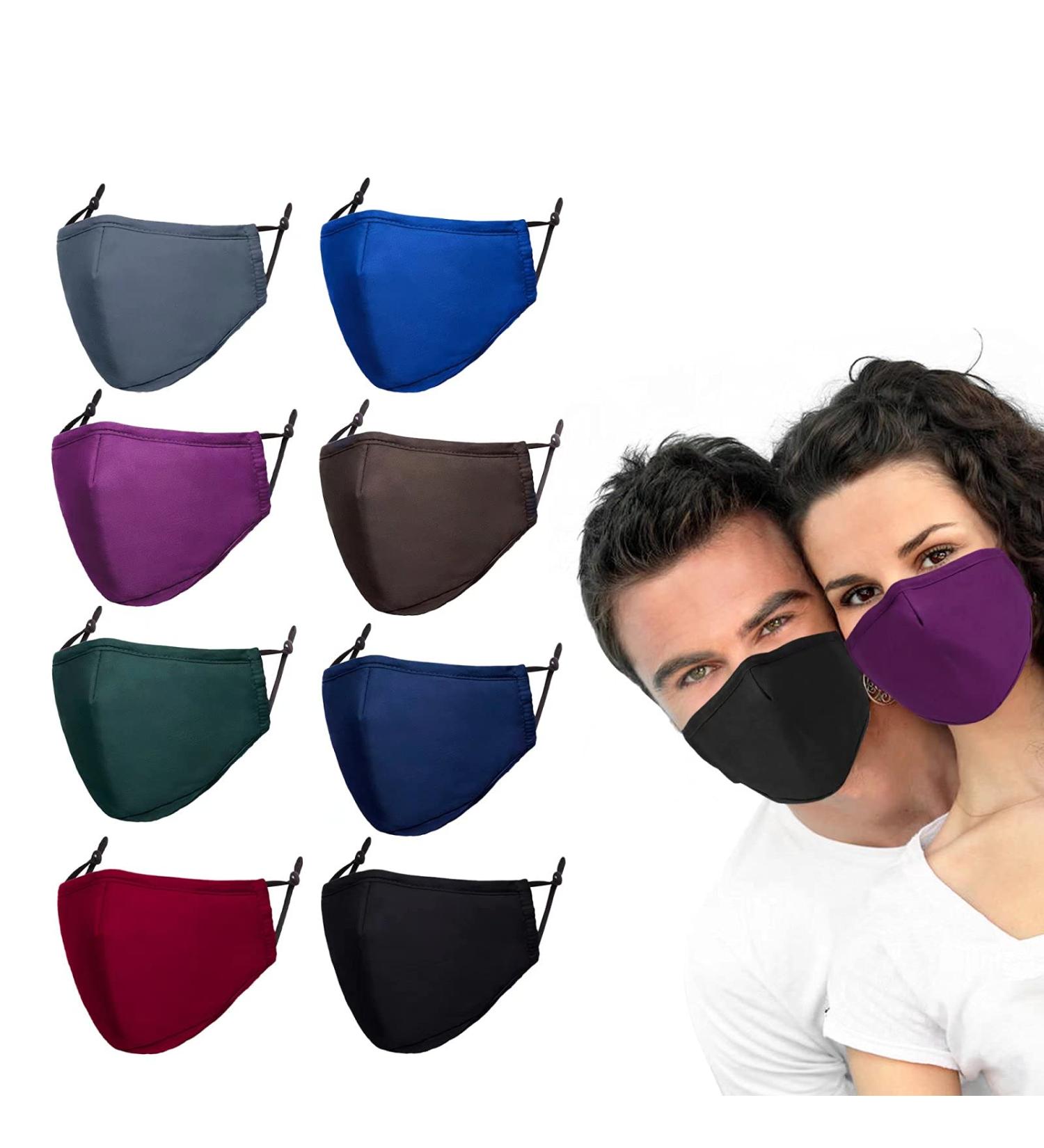 8 Pack Reusable Cloth Face Mask with Adjustable Straps & Nose Wire - Adult Cotton Masks in Black, Dark Grey, Brown, Blue, Burgundy, Green, Purple, Royal Blue - Buy Online on SooperMarket.com