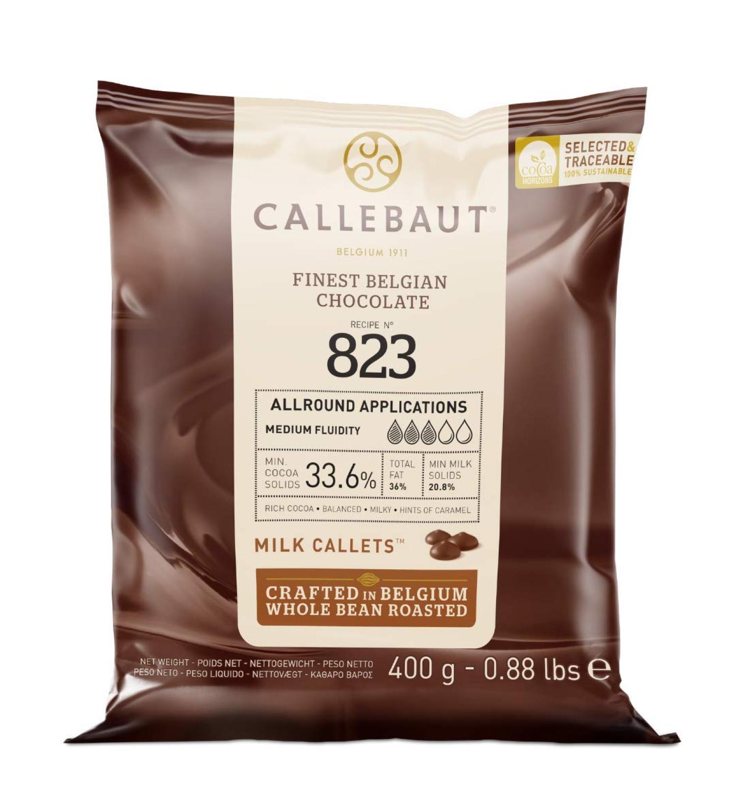 CALLEBAUT Recipe No. 823 Whole Milk Chocolate Callets - 33.6% Cocoa 400g | Premium Couverture Chocolate for Baking & Confectionery - Buy Online on SooperMarket.com