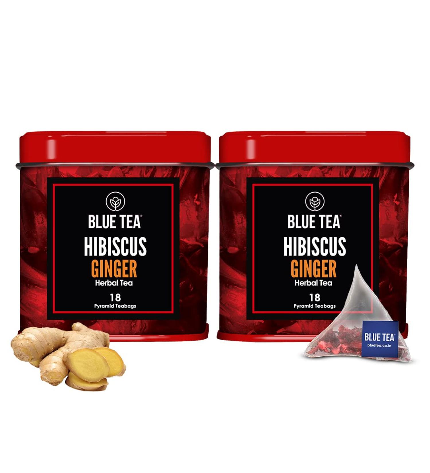 BLUE TEA - Hibiscus Ginger Herbal Tea - 36 Tea Bags (Pack of 2) || CAFFEINE FREE |Detox - Soothing Tea| Vegan - Gluten Free - Tin Packing(18X2) - Buy Online on SooperMarket.com