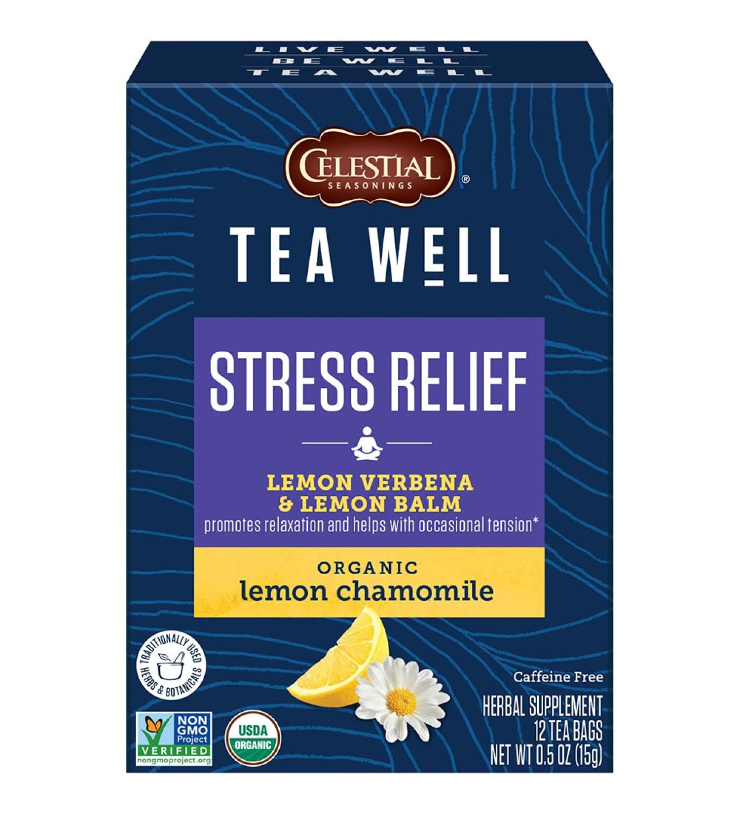Celestial Seasonings Stress Relief Tea - Organic Lemon Verbena & Chamomile, Caffeine Free, 12 Bags - Buy Online on SooperMarket.com