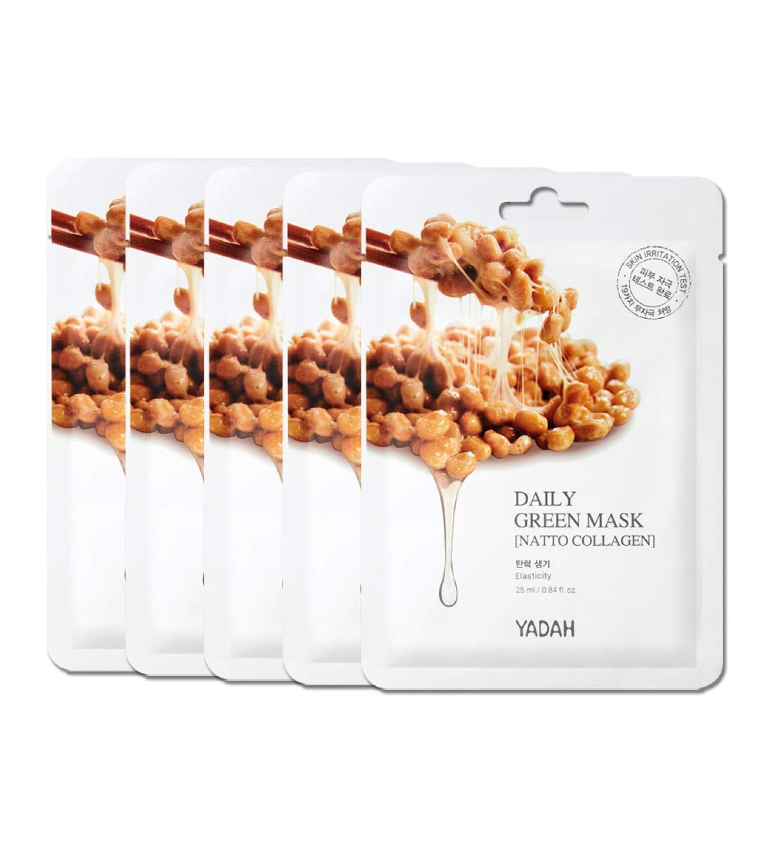 YADAH Daily Green Facial Sheet Mask - Vegan Natto Collagen Eco-Friendly 5-Pack for Enhanced Skin Elasticity - Buy Online on SooperMarket.com