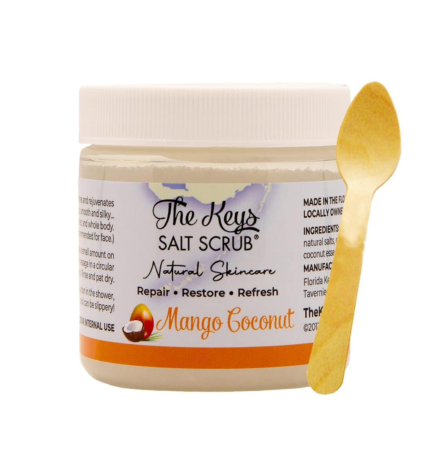 Keys Salt Scrub Premium Exfoliating Sea Salt Body Skin Scrub - Mango Coconut Travel Size 3.4 oz | Made with Pure Florida Sea Salt, Organic Oils, and Nutrients + Wooden Spoon | Pack of 1 - Buy Online on SooperMarket.com